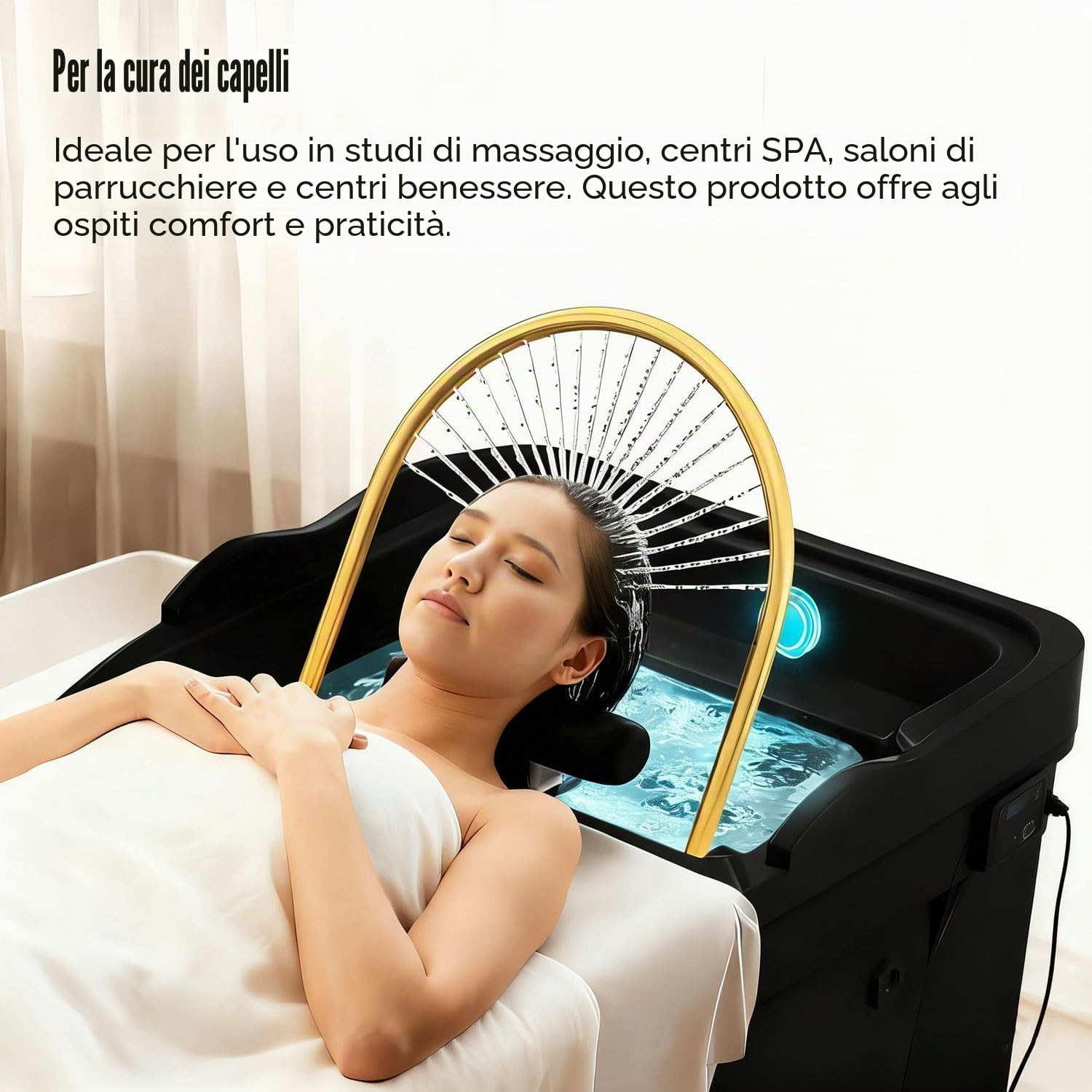 Head-spa dispositivo con cascata e massaggio idrojet – Vaschetta massaggiante professionale con cromoterapia a 7 colori, ideale per saloni, spa e casa (nero + affumicatore)
