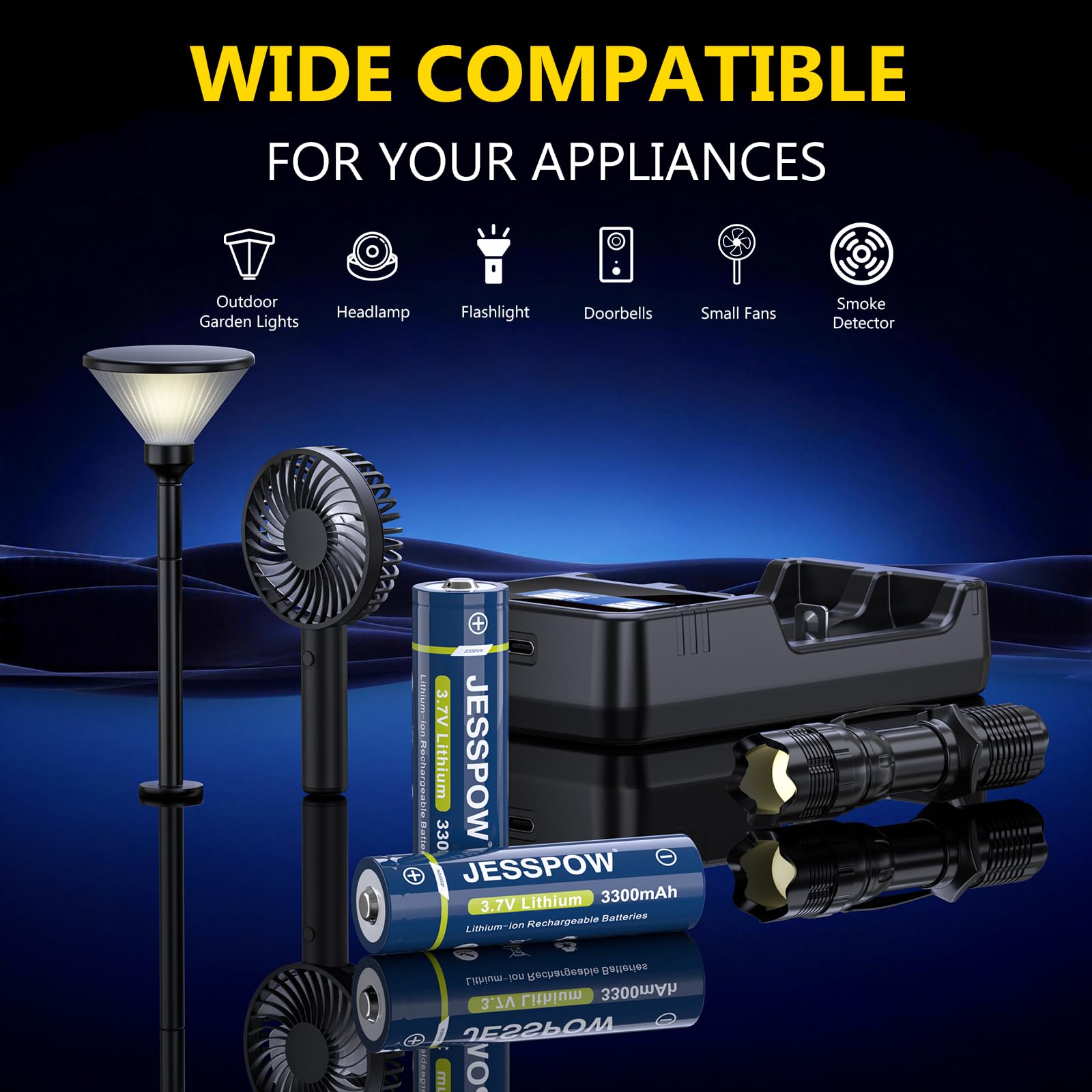 Piles Rechargeables 3.7V 3300mAh Button Top avec Chargeur pour Lampe de Poche Sonnette Télécommandée 2Pcs 18x65mm