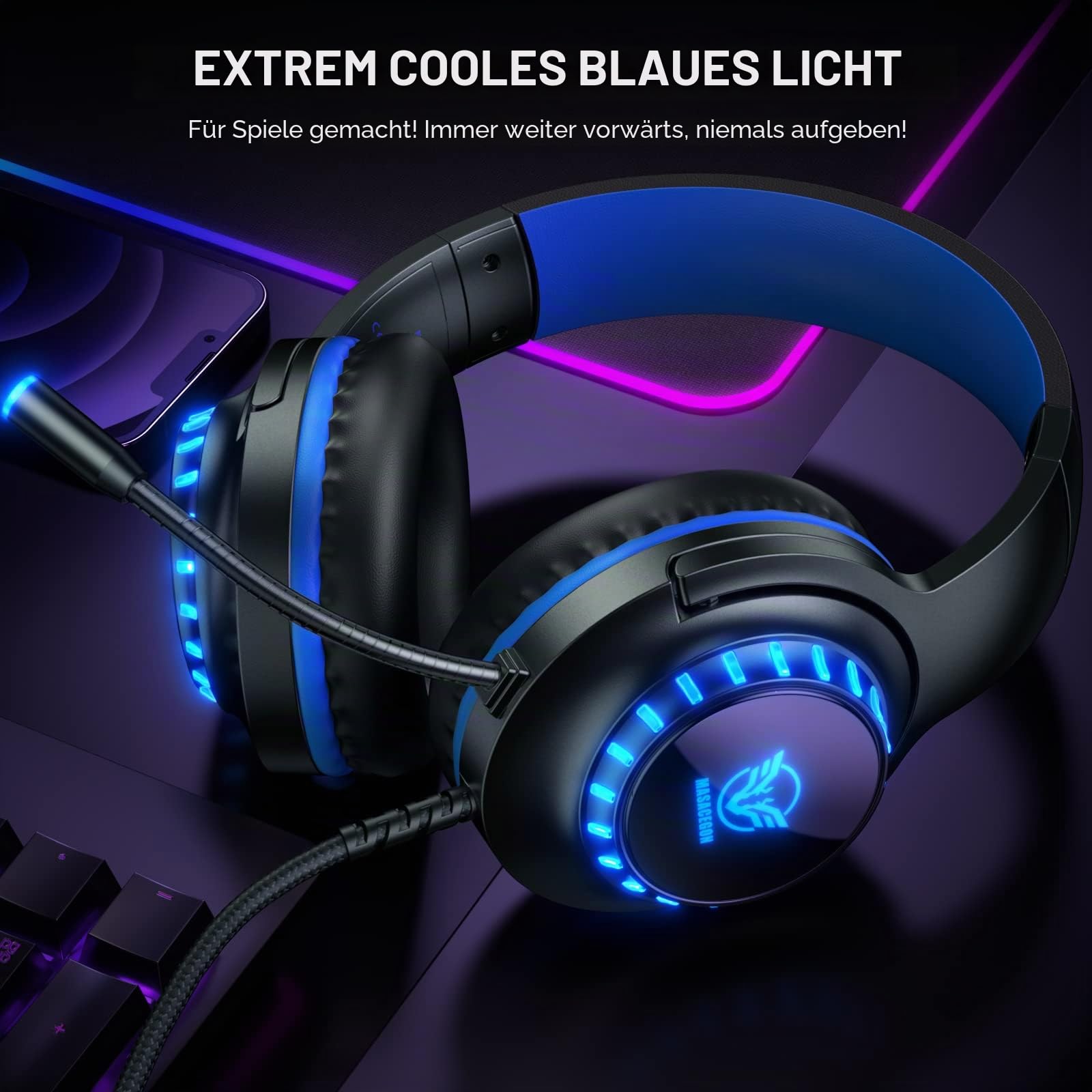 Pacrate Gaming Headset für PS4/PS5/Xbox One/PC/Nintendo Switch, PS4 Kopfhörer mit Kabel Xbox Headset mit Mikrofon, Noise Cancelling PS5 Headset mit LED Lichter - Blau