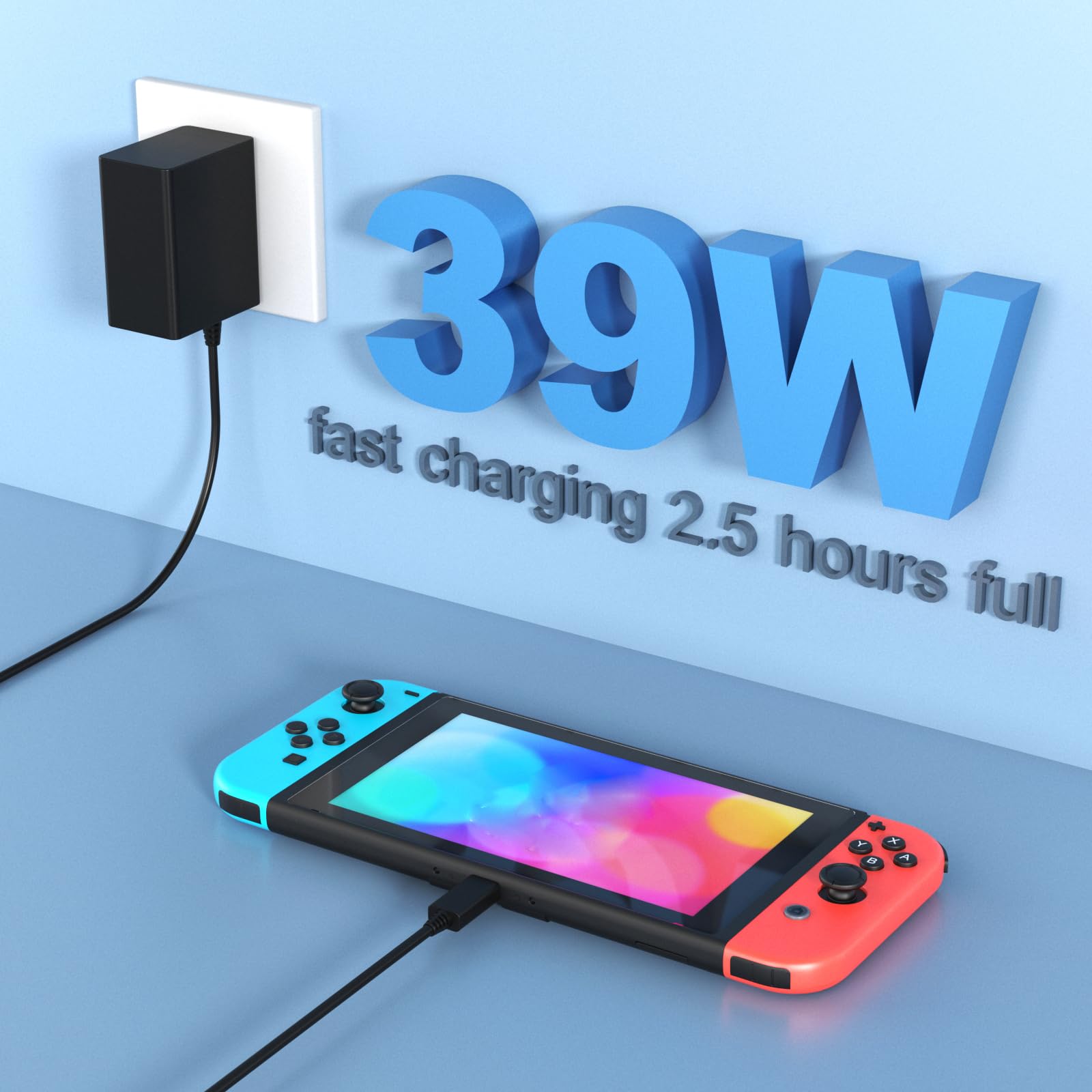 Charger for Nintendo Switch, 39W AC Adapter Fast Charging Power Supply for Switch, 15V 2.6A Compatible with OLED/Lite/Steam Deck Dock, Support TV Mode