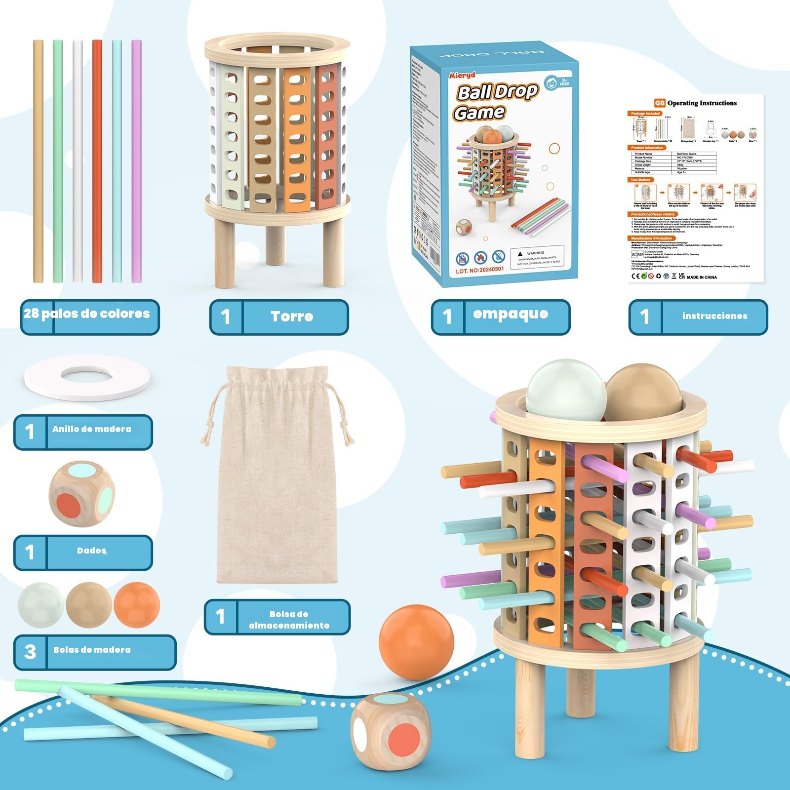 Montessori Juguetes con 28 Palitos de Coloridos Juegos de Mesa Niños Niñas 3 4 5 6 7 8 9 10 11 12 Años Regalo, Juego Educativo Familiar para Cognición y Habilidades Motoras Finas Torre de Madera