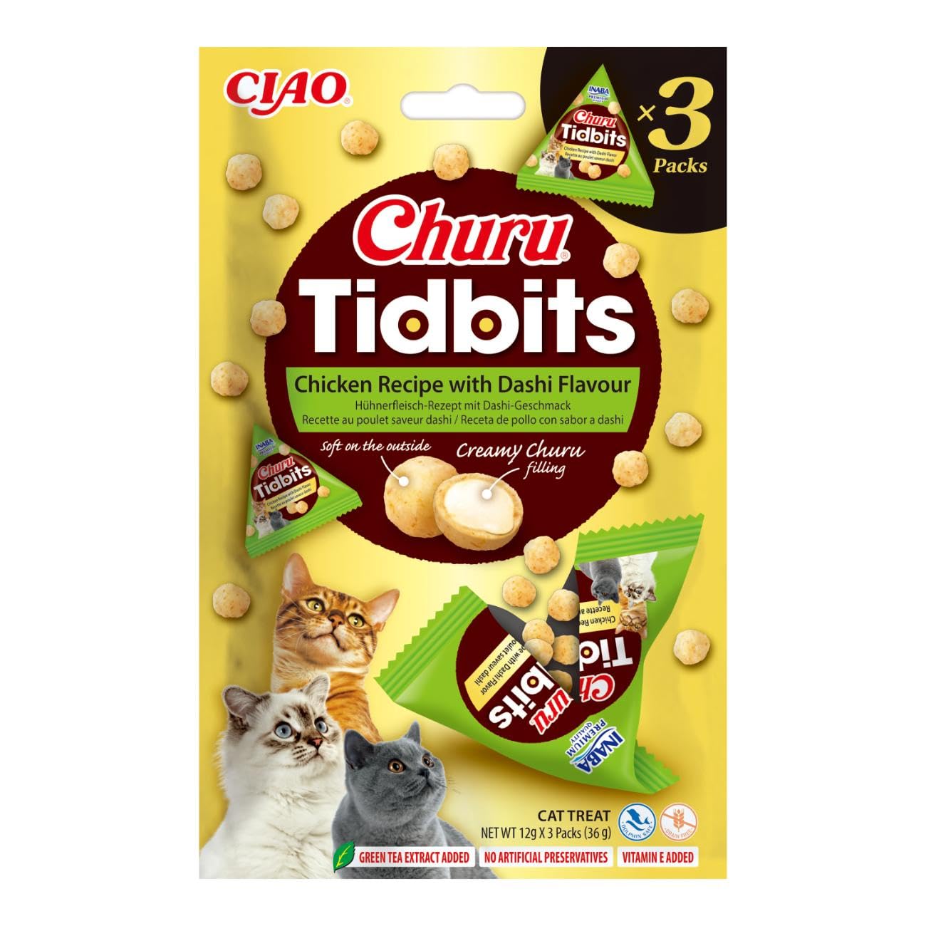Churu Tidbits by INABA: Chicken with Dashi Flavour (3 x 12g) / Soft & Chewy Baked Cat Treats with Taurine & Green Tea Extract, Delicious & Healthy Snack, Training Treat, Natural, Grain Free