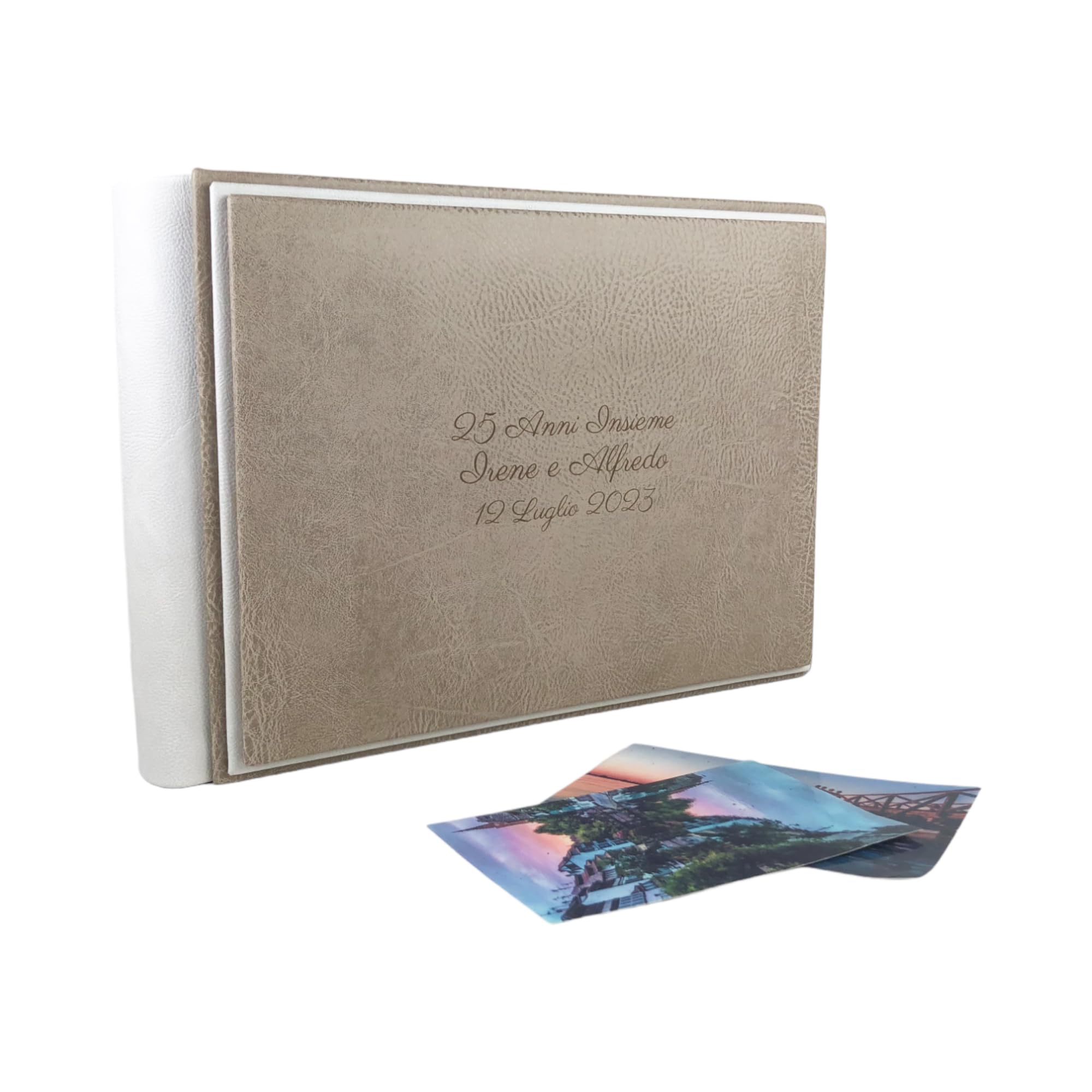 TriVin Art Álbum de fotos en elegante símil piel, personalizable con grabado. Ideal para bodas, aniversarios, todos los eventos. (Paloma-Gris Perla)