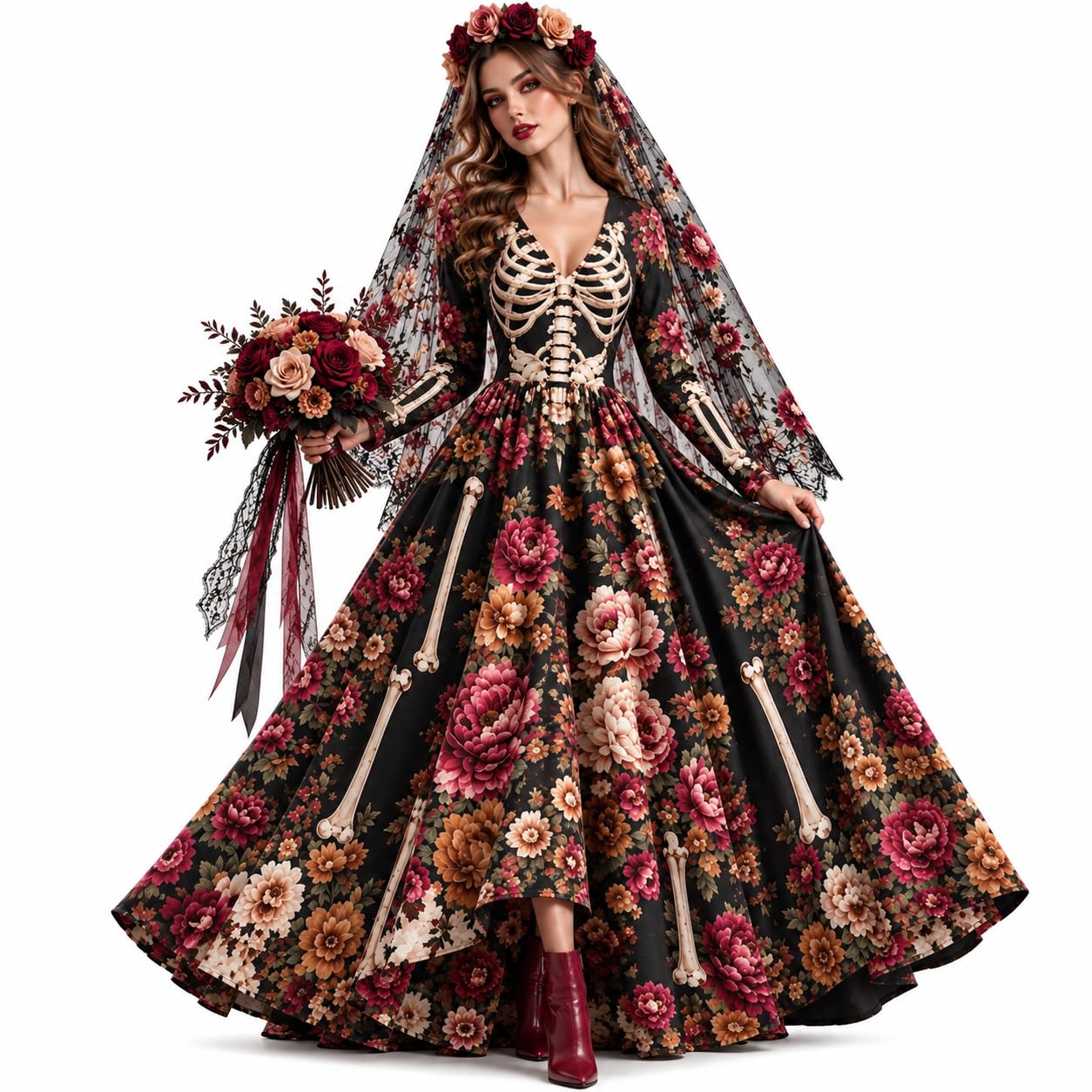 Skeleton Dress Long Sleeve V Neck Maxi Halloween Dresses N Spooky Skull Rose Gothic Festival Party Outfit Plus Size Halloween Costumes for Women — image 1