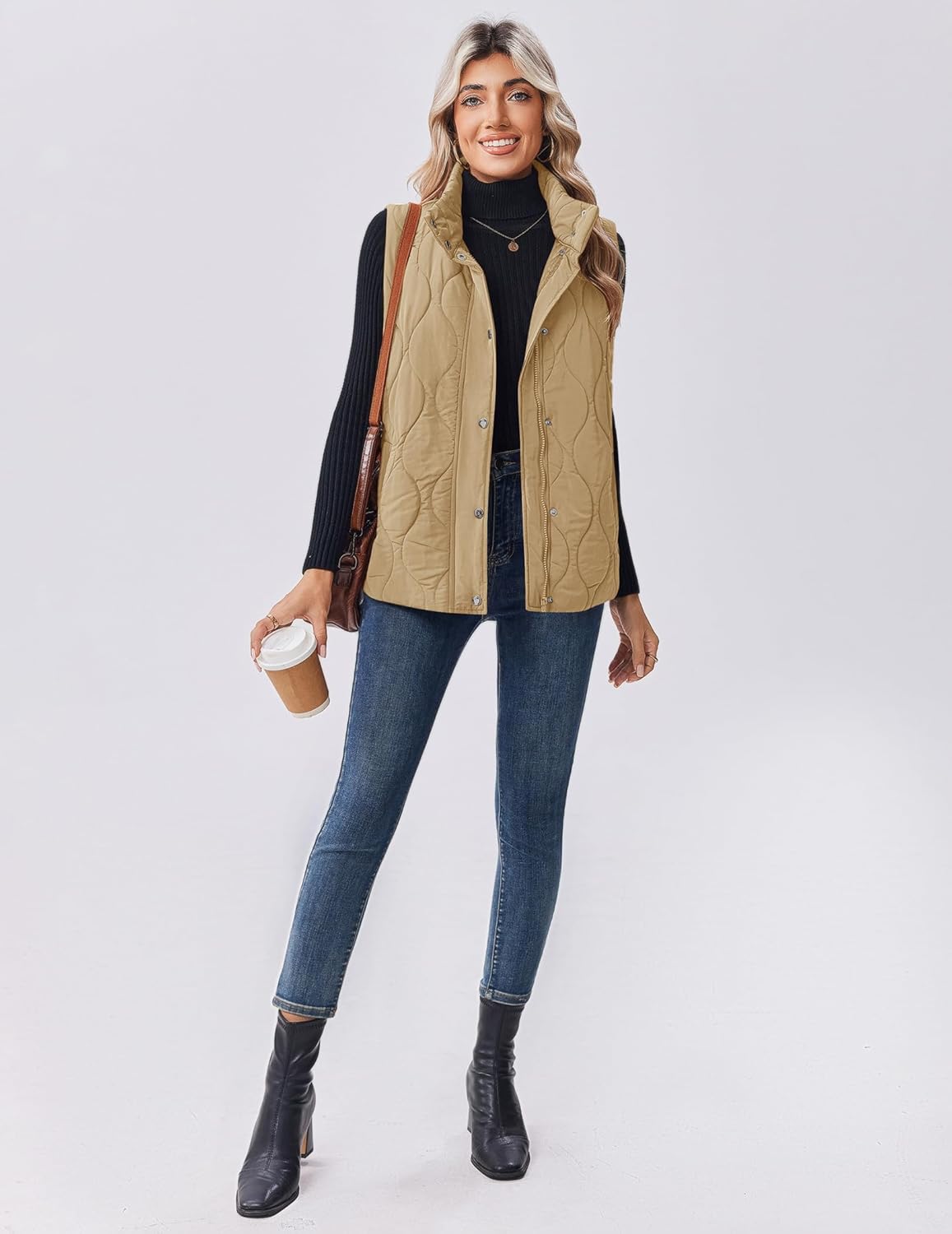 Zeagoo Puffer Vest Women Sleeveless Quilted Jacket Lightweight Snap Zip Up Stand-up Collar Down with Pockets Outerwear - Image 4