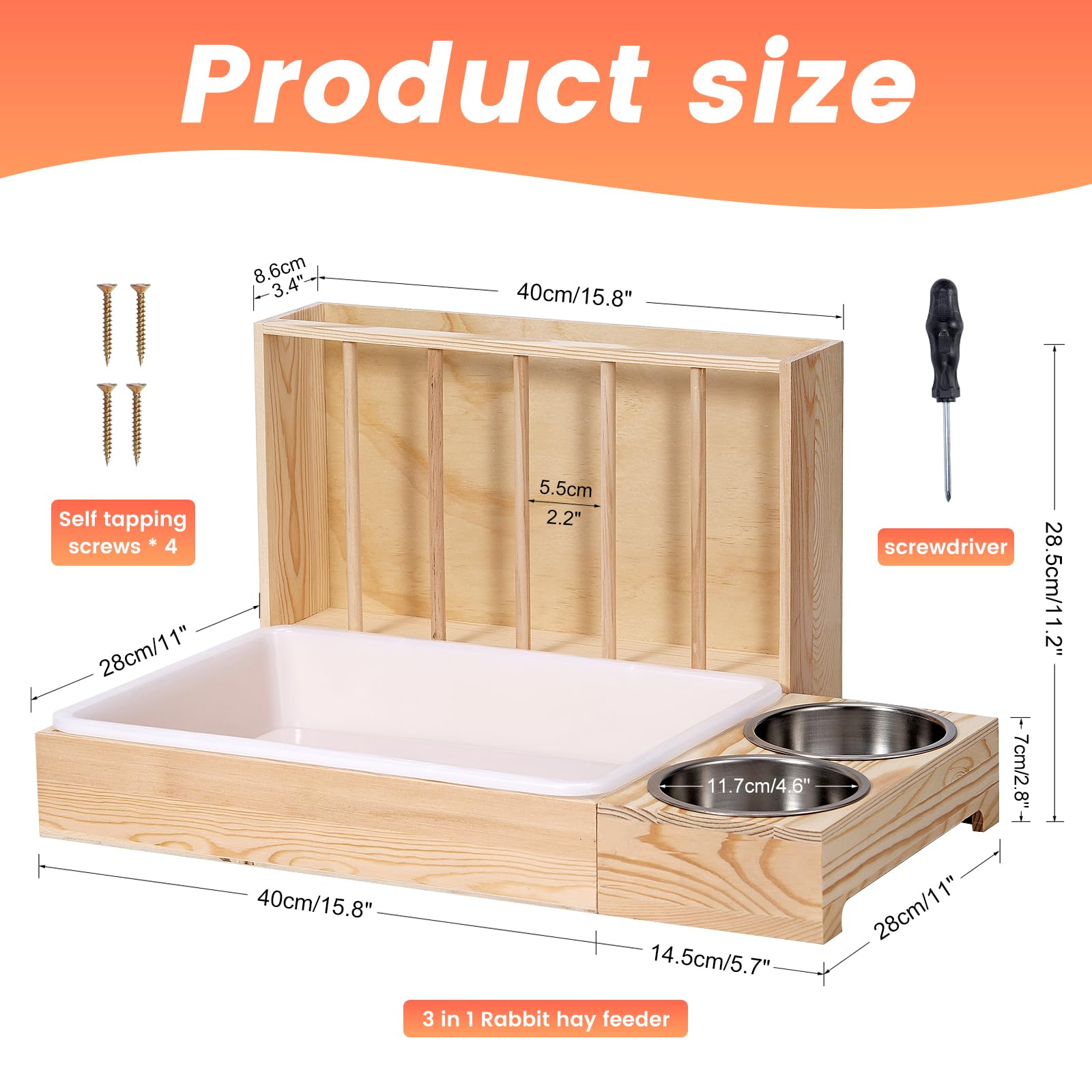 Râtelier à foin 3 en 1 pour lapin, râtelier à foin en bois avec deux bols, distributeur de nourriture pour lapins et cochons d'Inde, chinchillas et autres petits animaux