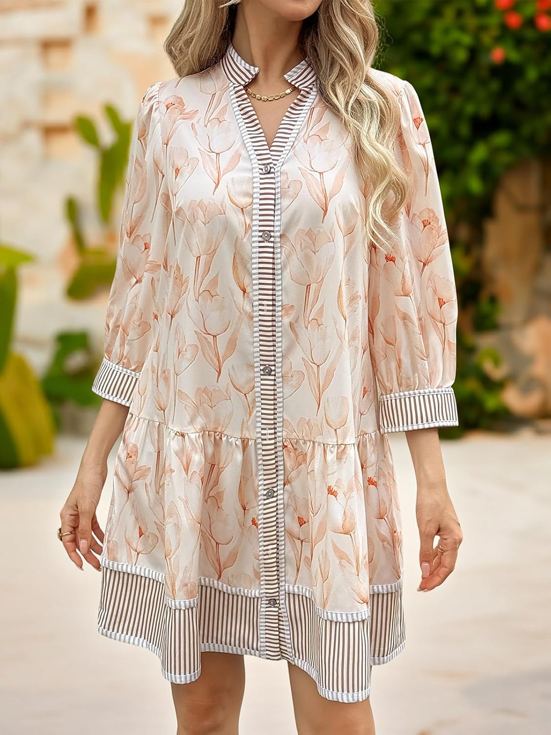 Wenrine Women's Floral Boho Mini Dress 3/4 Long Sleeve V Neck Casual Button Down Shirt Dresses - Image 2