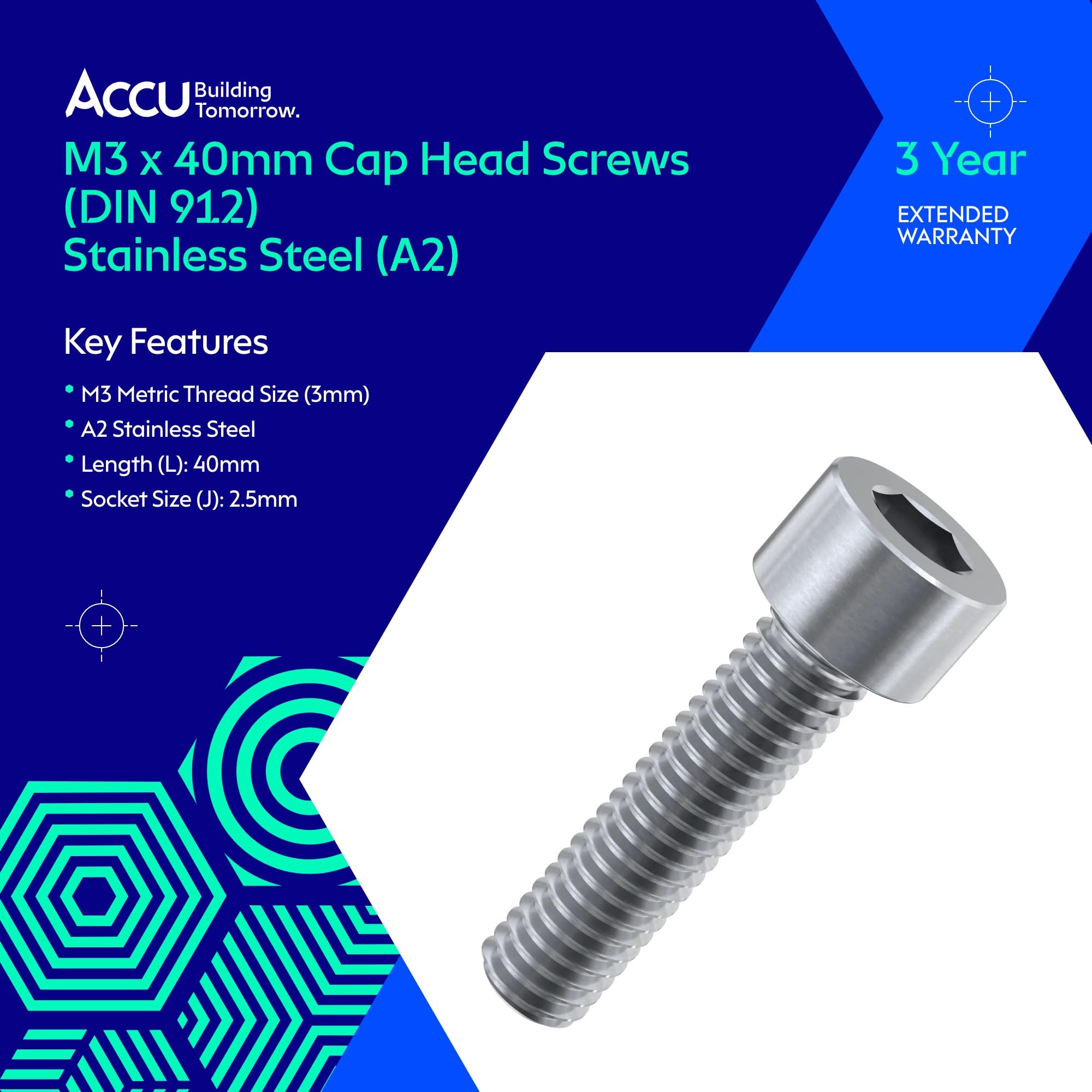 Accu - M3 x 40mm Cap Head Screws (DIN 912) - Stainless Steel (A2) (Pack of 50) - Image 2