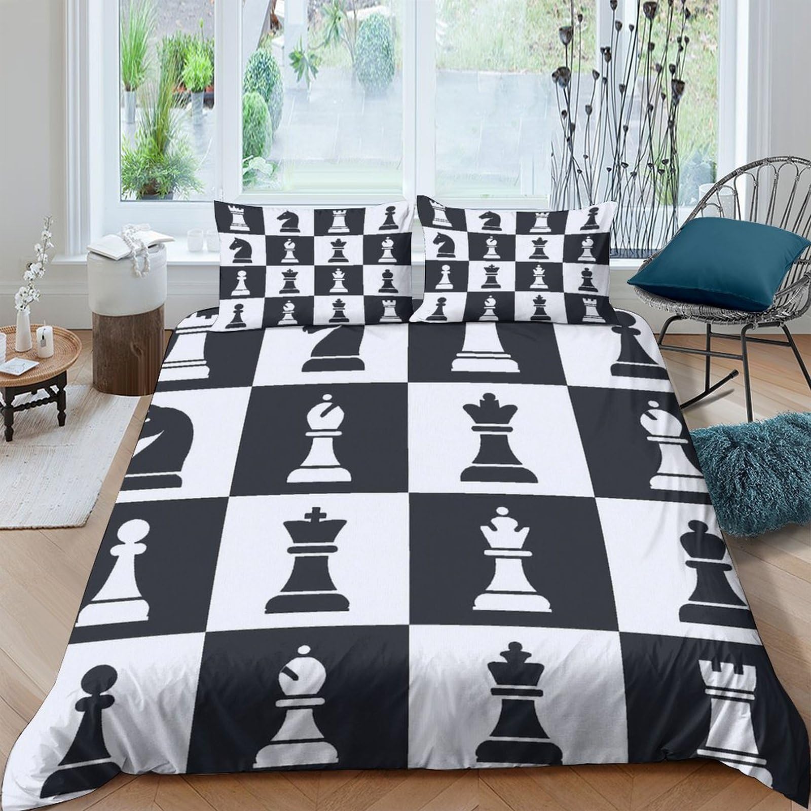 Ctjqhvkz Style-2 3D Printed Chess Board Fitted Sheet Microfiber Black White Chess Pieces Bed Cover Antislip Washable For Bedroom Guest Room Single（135X200cm）