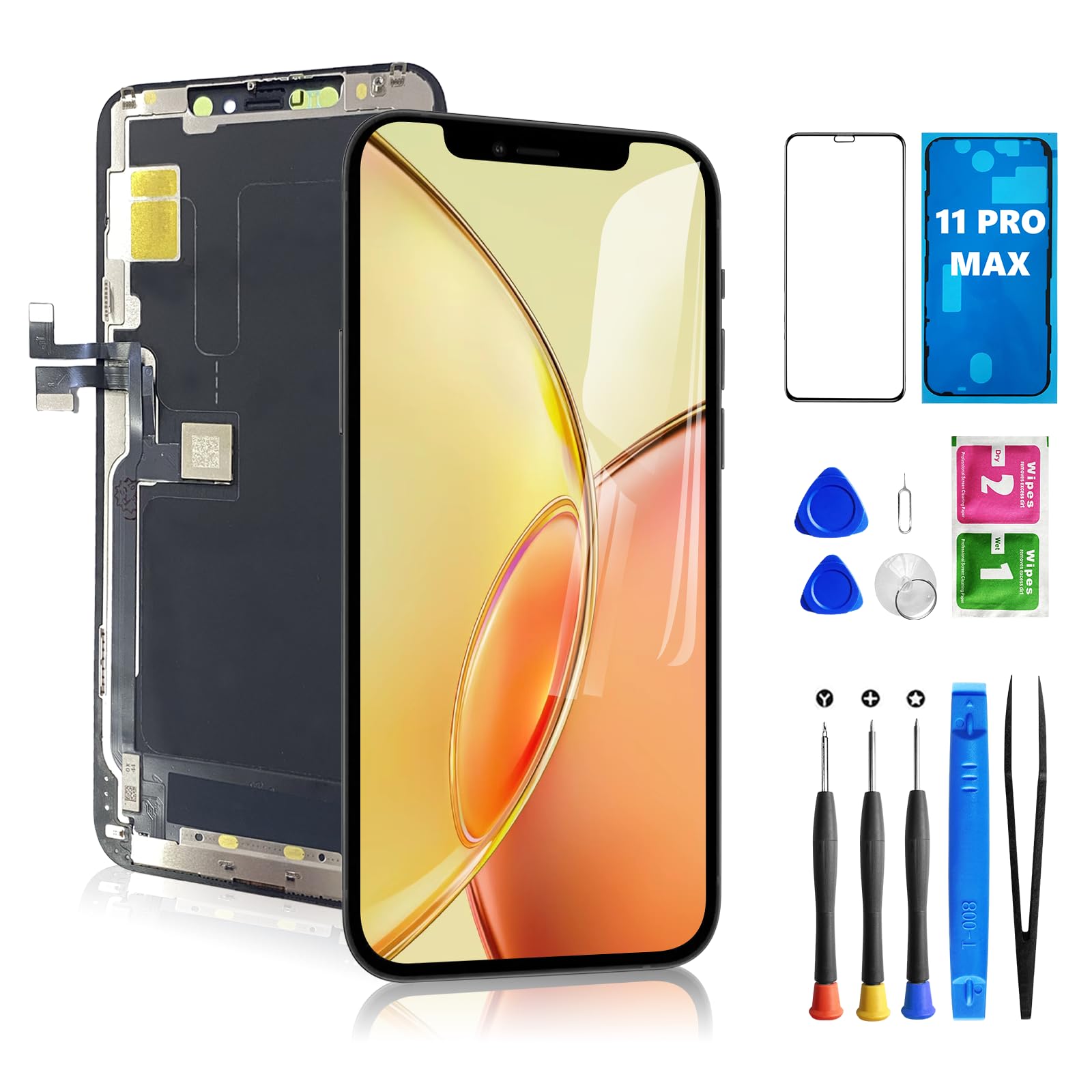 for iPhone 11 Pro Max Screen Replacement, 6.5 inch LCD Display 3D Touch Full HD Digitizer Frame Assembly, Compatible with A2161, A2220, A2218 Models, Repair Kit + Screen Tempered Protector