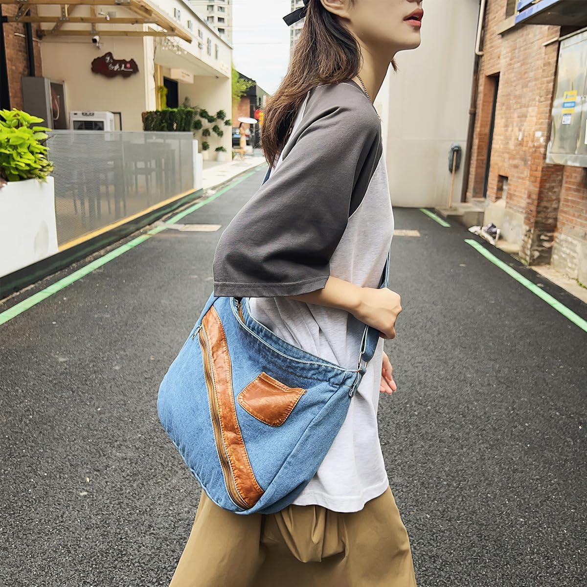Denim Purse for Women Men Tote Bag with Zipper Crossbody Blue Jean Purses Canvas Shoulder Bag Hobo Handbag - Image 2