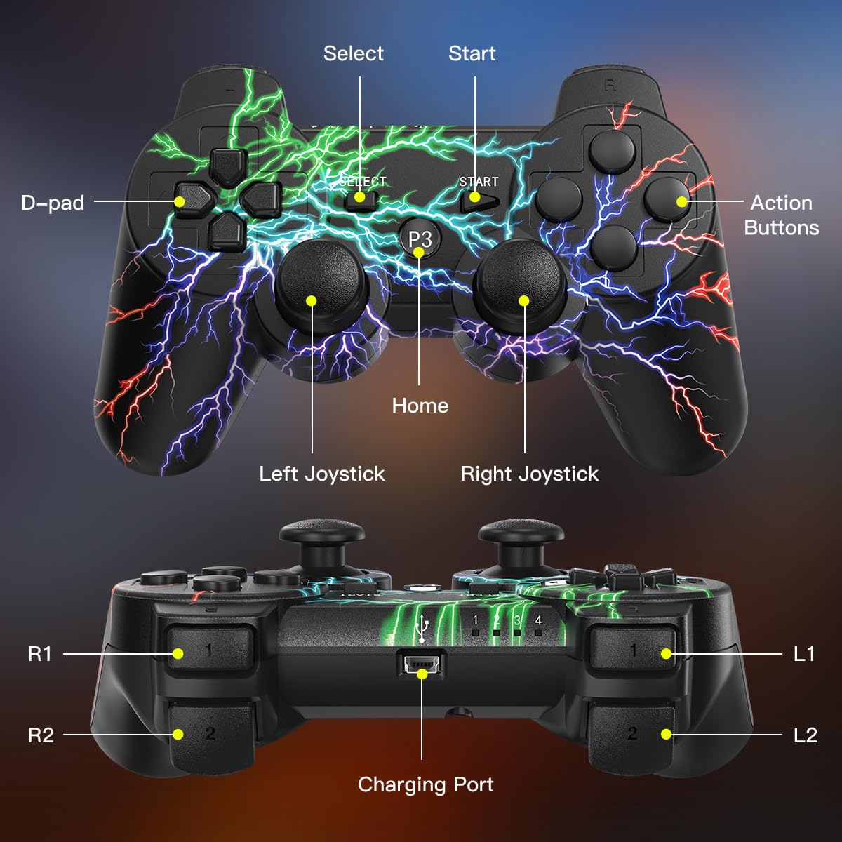 Mddfav PS3 Controller Wireless 2 Pack - Dual Vibration Feedback - 6-Axis Motion Sensing - Compatible with Sony PlayStation 3