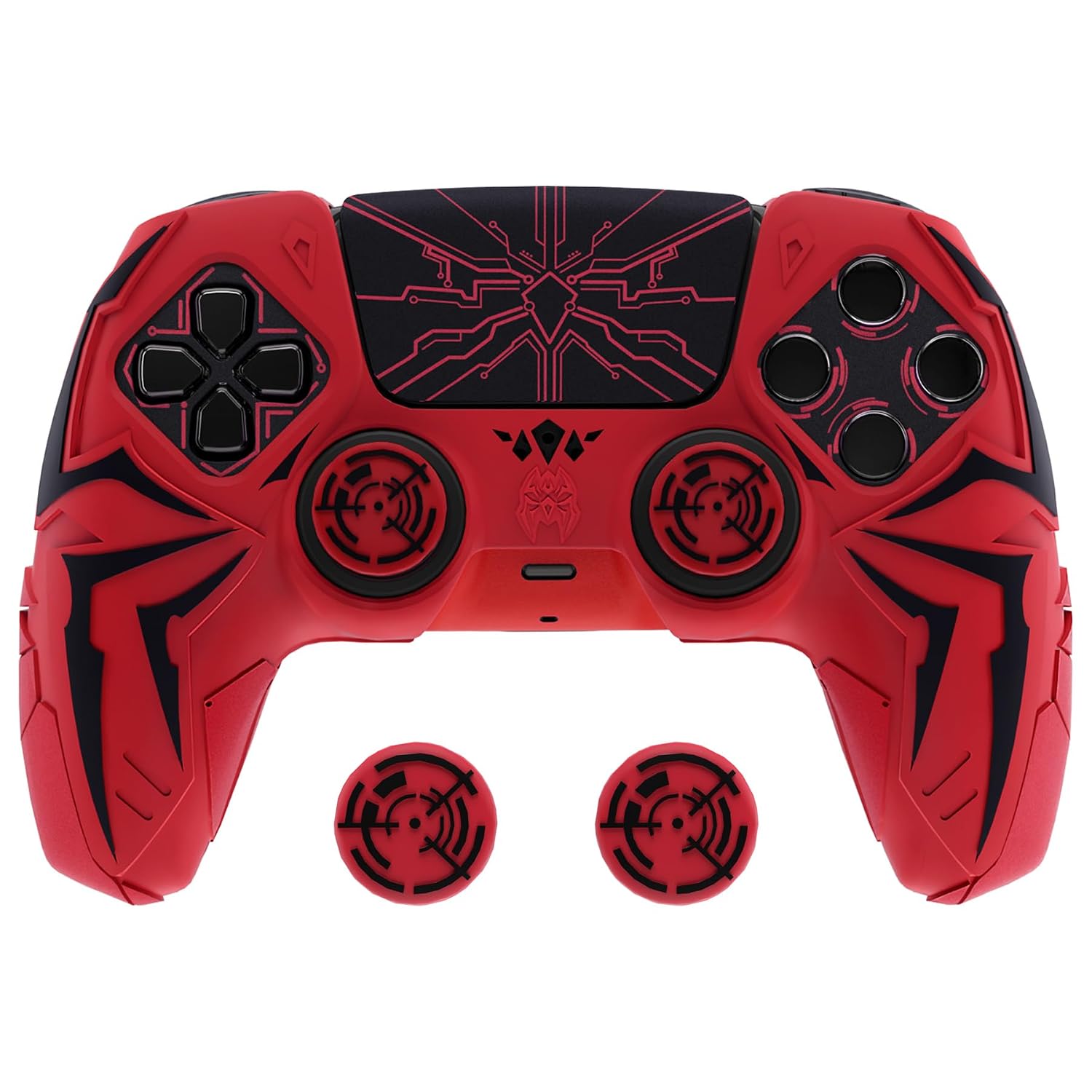 PlayVital Design for ps5 Controller Silicone Case with 2 Thumb Grips and 6 Sticker, Cyber Spider Design, Slip-Resistant Shockproof Controller Cover Skin, Fits for Charging Dock, Red & Black