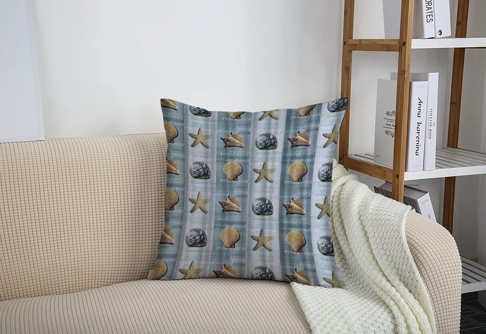 ABAKUHAUS Blu Navy Federe Cuscini Set di 4, Anchor Starfish Sea Life, Stampa Digitale Fronte-Retro con Accento Moderno, 40 cm x 40 cm, Marina e Bianco
