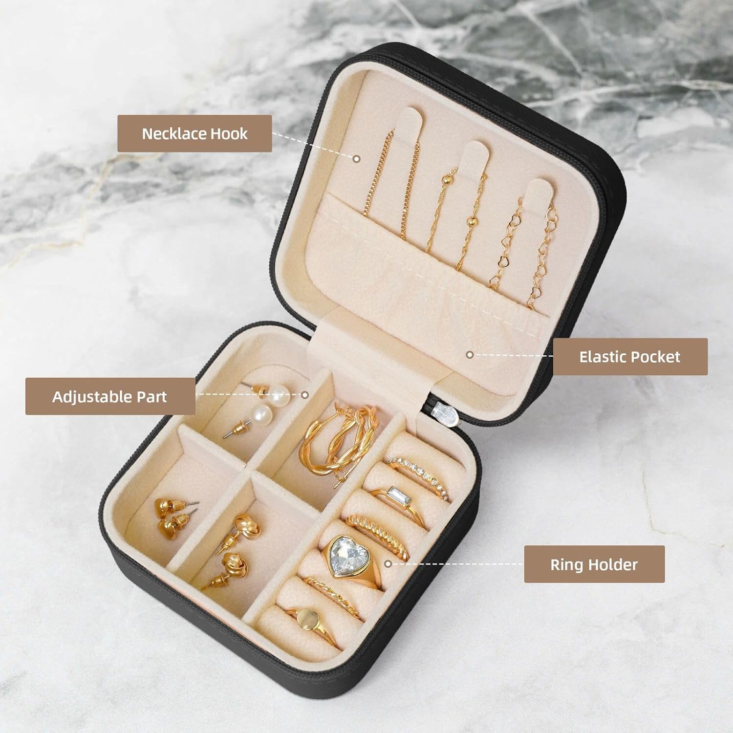 Jewelry Box for Women Leather Travel Jewelry Case Dream Music Box Portable Jewelry Organizer Box Mini Jewelry Travel Case with Zipper for Earrings Bracelets Rings Necklace image 4