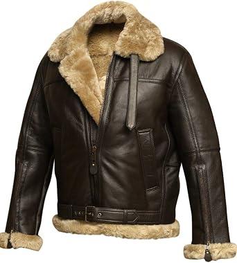 Classic B-3 Sheepskin Leather Bomber Jacket Mens - British Fur Shearling Winter Coat
