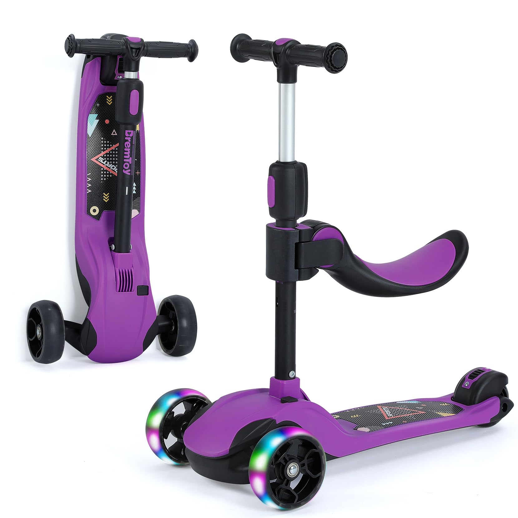 BremToy Roller Kinder mit Abnehmbarer Sitz, Kinder Roller mit Stufenlos Einstellbar, Kinder Scooter mit PU LED-Rädern, Faltbarer Kinderroller für Kinder von 3-12 Jahren (Violett)