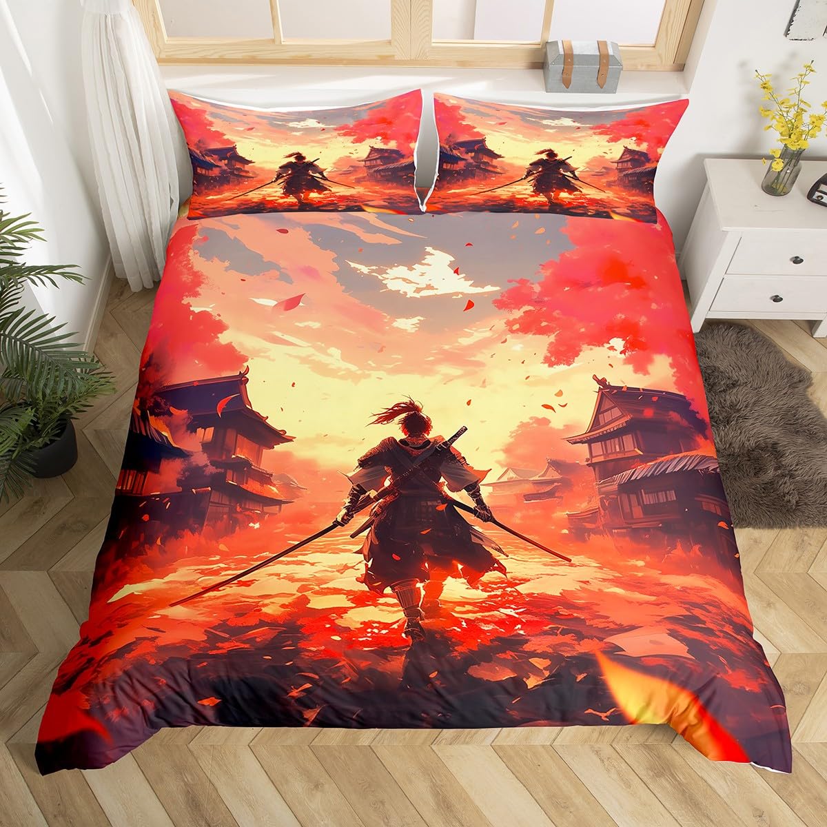 Homewish Japanese Style Comforter Cover Samurai Sword Bed Set for Boys Kids Teens, Anime Themed Super King Duvet Cover Oriental Traditional Building Bedding Set, Asian Vintage Bedspread Cover
