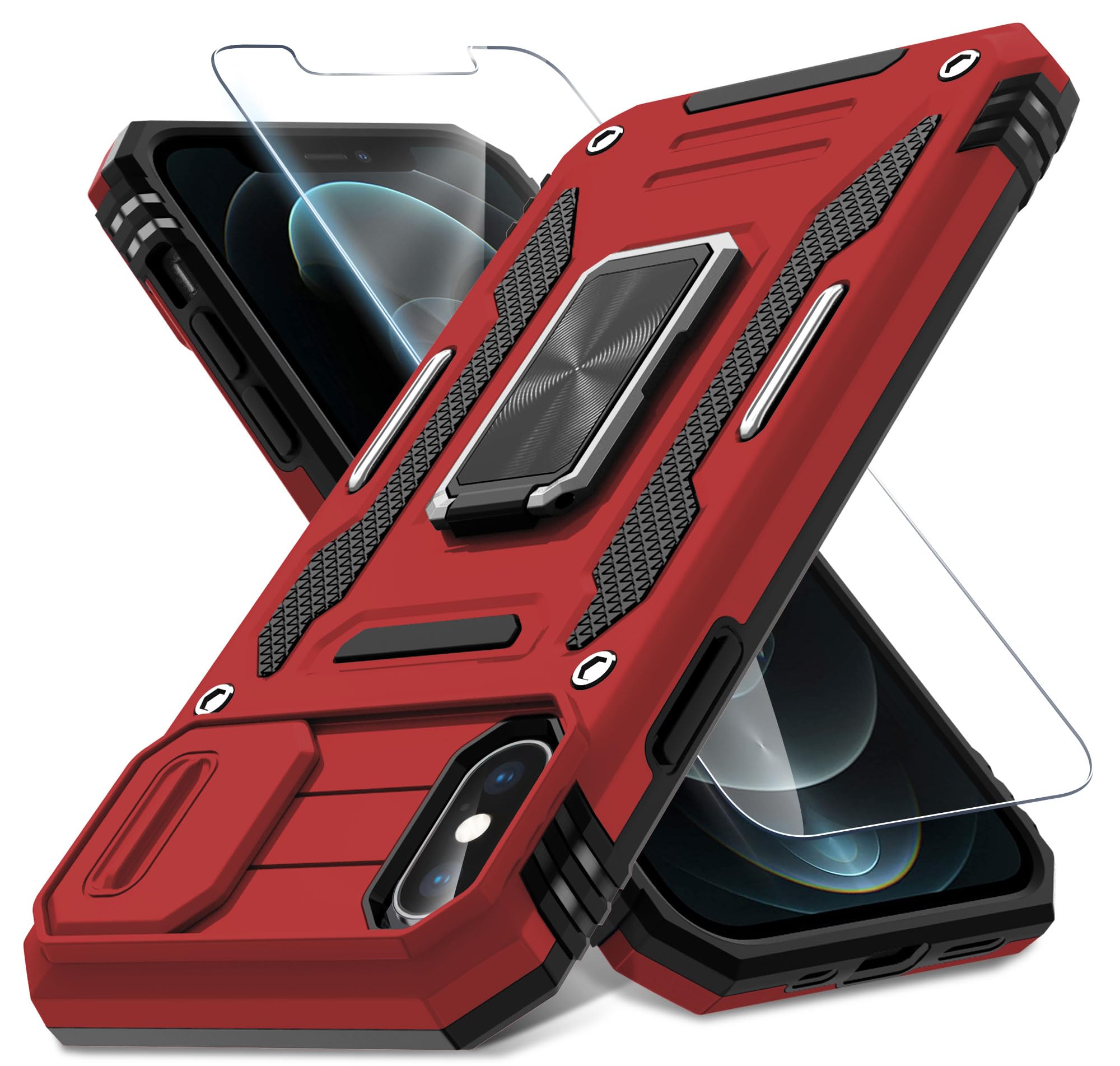 DEERLAMN Case for iPhone X/XS with Slide Camera Cover+Screen Protector,Rotated Ring Kickstand Military Grade Shockproof Protective Cover 5.8 Inch-Red