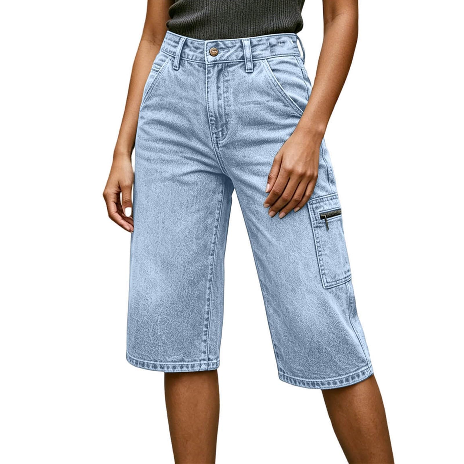 Pantalones Casuales Bolsillos Laterales Cremallera, Vaqueros Mezclilla Liso, Holgado Pierna Recta, Mujer