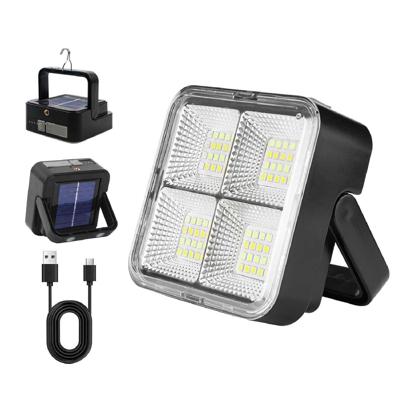 1 luz LED portátil para camping, carga solar, luz recargable por USB, negro, 500 lúmenes, impermeable, estilo moderno, uso al aire libre