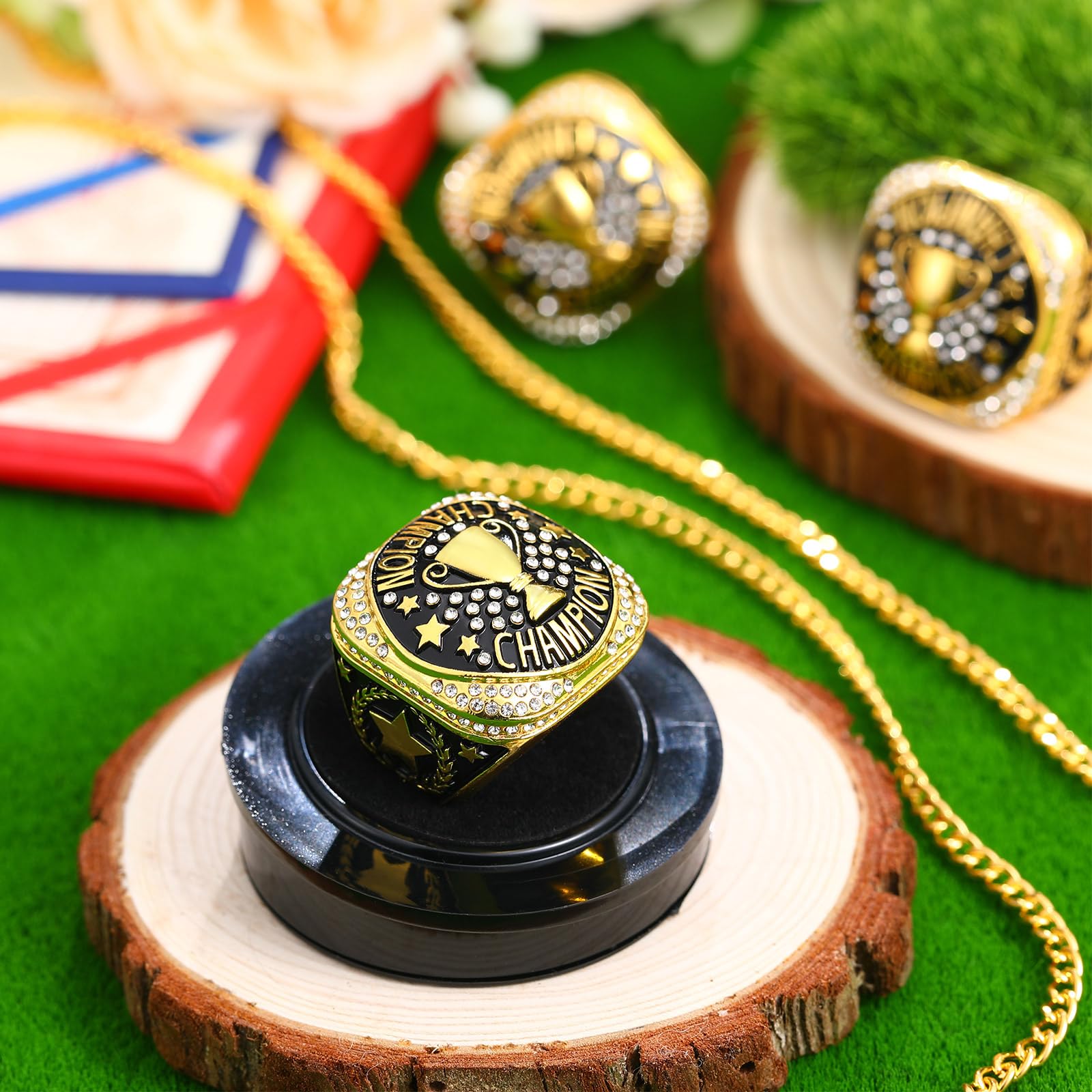 Highergo Champion-MVP-Ringe mit Ständer und Halskette, Größe 11, Baseball, Fußball, Basketball, Volleyball, Fußball, Trophäe, Ringe für Gewinner, Turnierpreis, Geschenk, 1 Stück