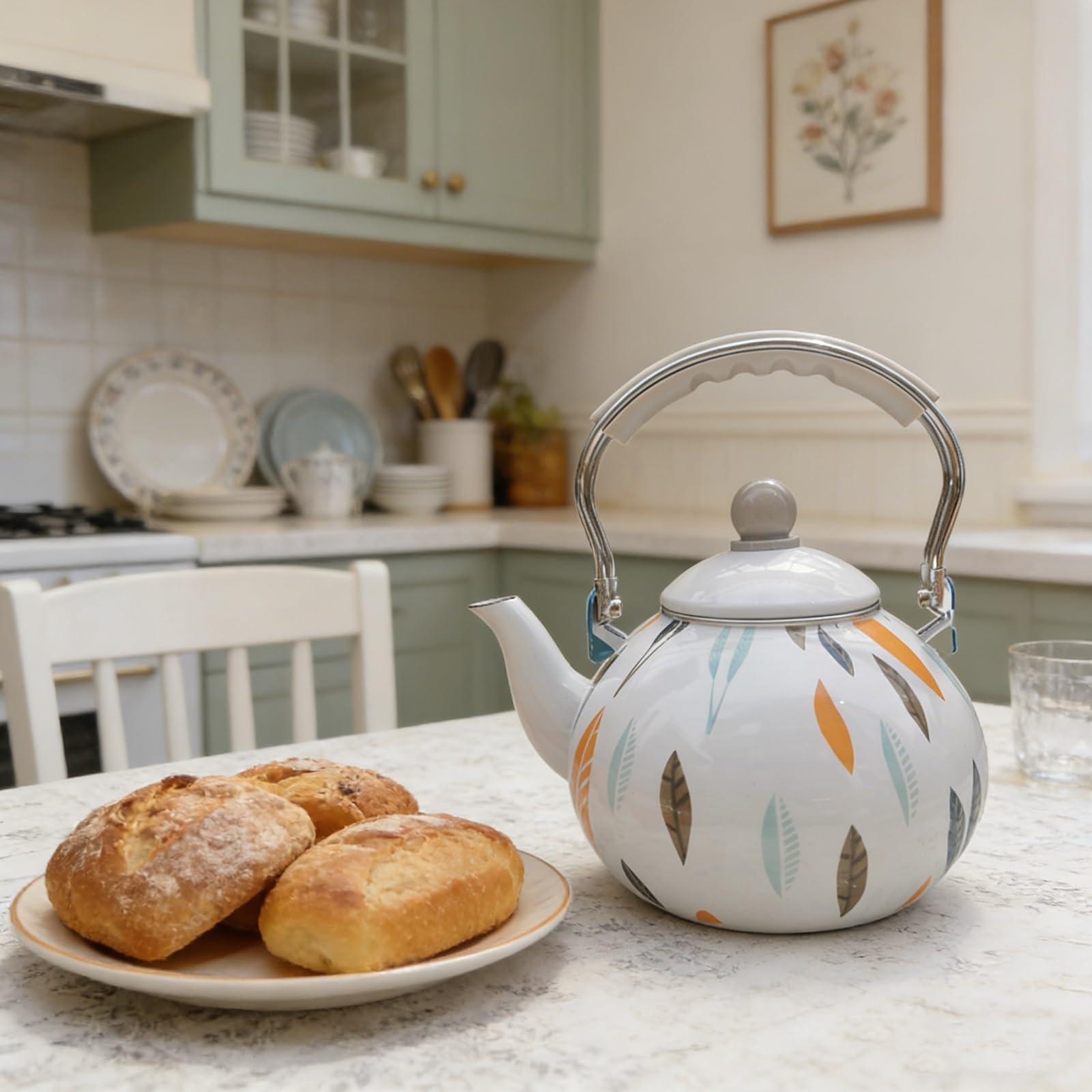 Hervidor de té esmaltado, Hervidor de acero esmaltado de gran capacidad (3 litros) con asa ergonómica plegable, apto para cocinas de gas, eléctricas y de inducción.
