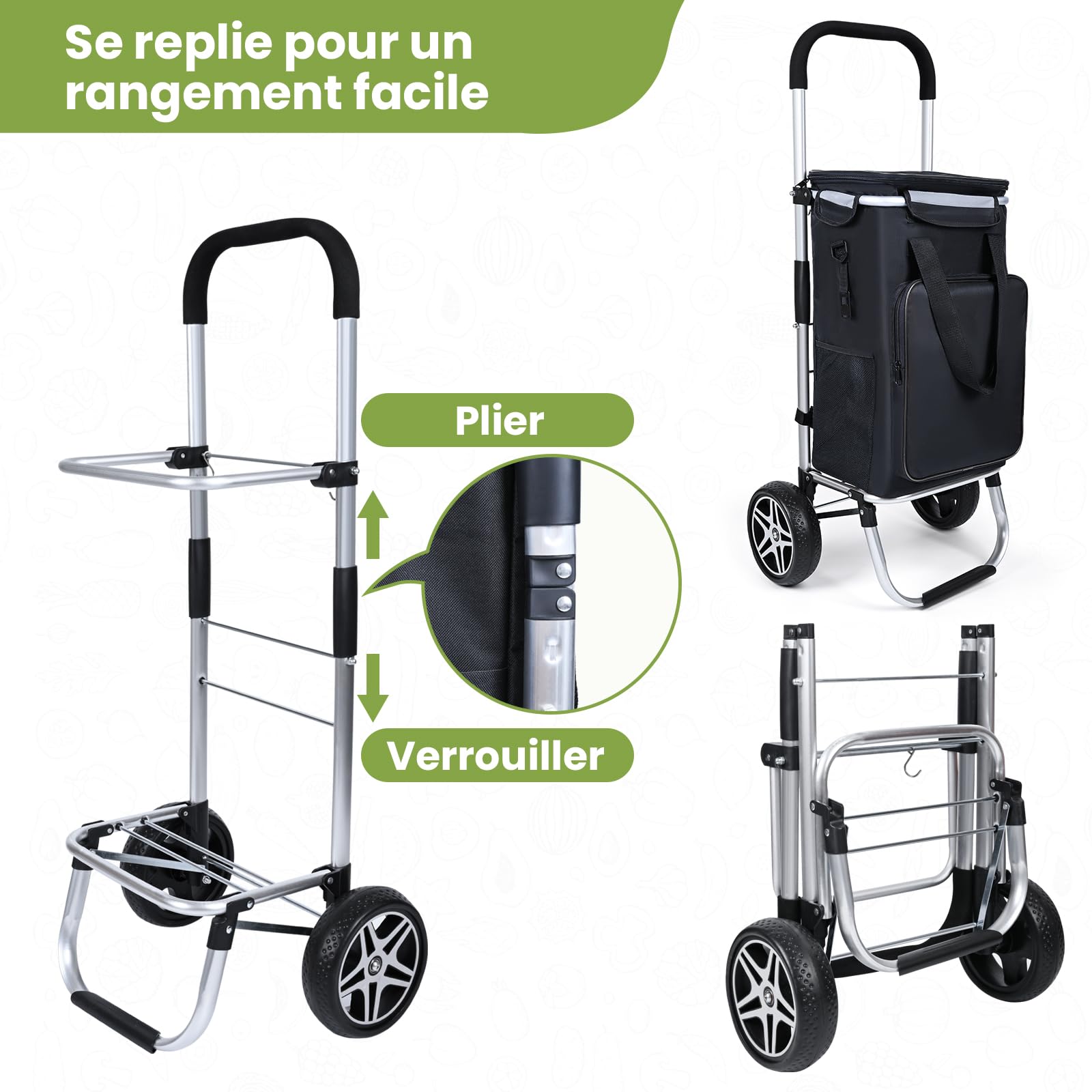 YEAUPE PRO Chariot de Courses, Capacité 50 L - Cadre en Aluminium, 2 Roues, Chariot 3 en 1 avec Sac Isotherme - pour Supermarché, Picnic, Voyages - Noir