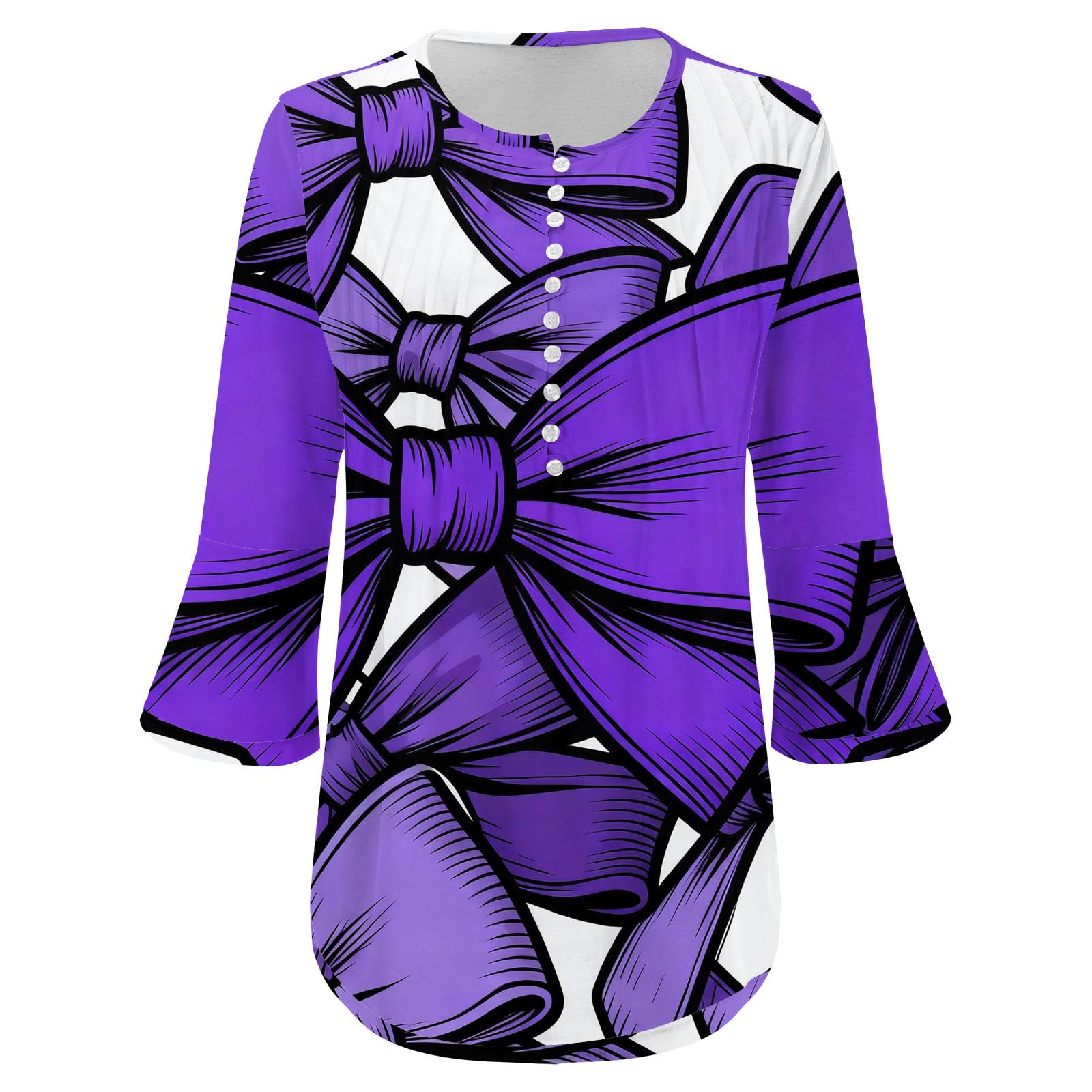 Camicetta da donna con scollo a V e maniche a 3/4, con stampa grafica con grande fiocco, vestibilità larga, stile retrò, casual, per tutti i giorni, ufficio, lavoro, feste