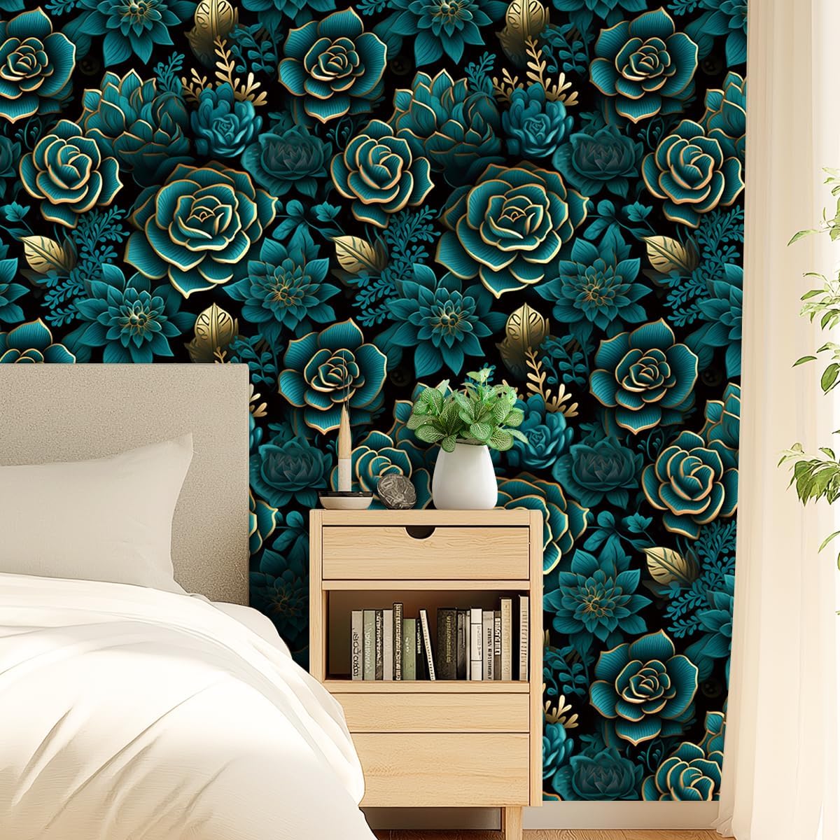 Peacock Blue Gilded Flower Wallpaper 17.71"x118.1" Peel and Stick Wall Paper Waterproof Vinyl Matte Flower Contact Paper for Bedroom Closet Entrances