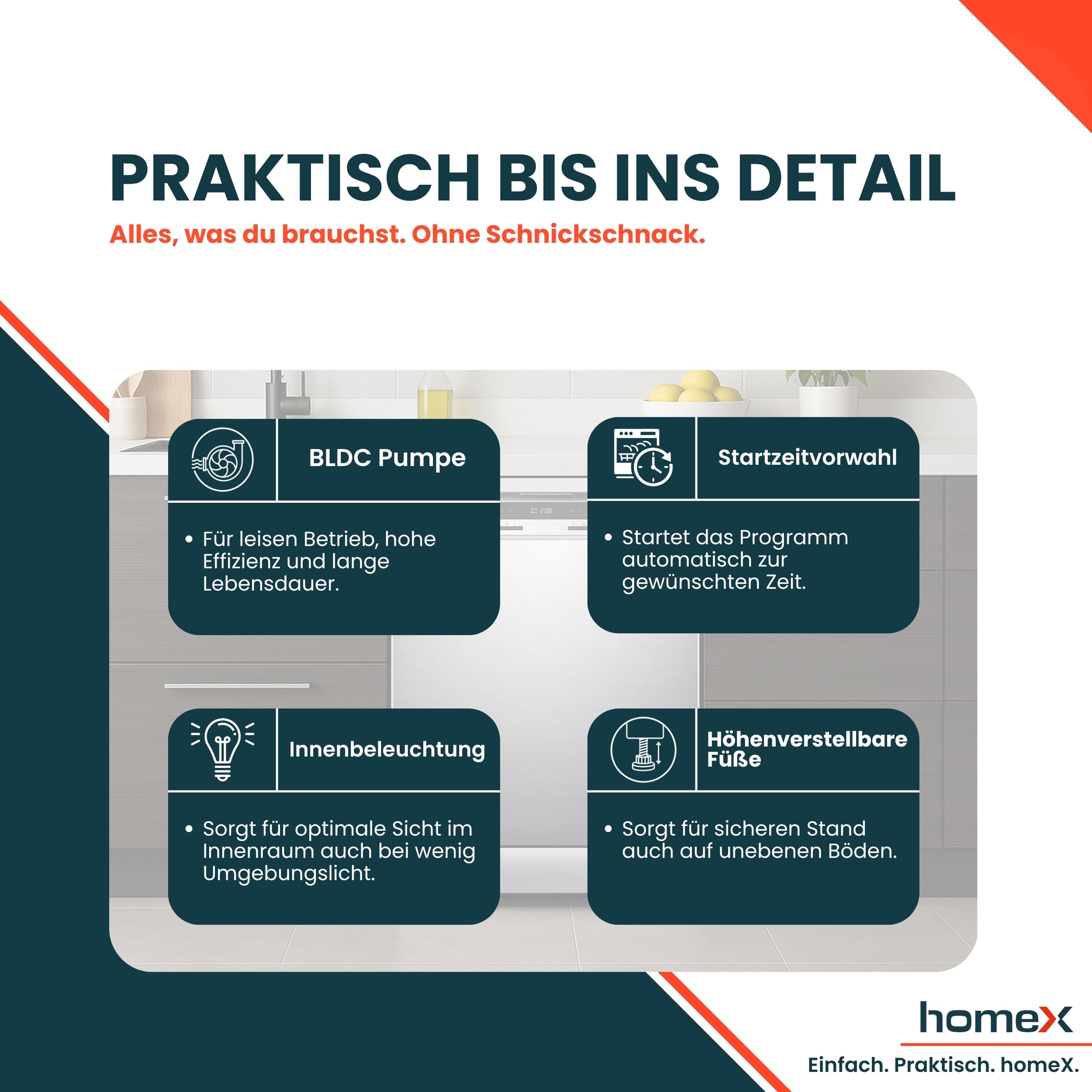 homeX DWFS601442A-S Geschirrspüler 60 cm, Spülmaschine freistehend - 14 Maßgedecke, 9 Programme, Energieklasse A, AquaStop, Besteckschublade, 42 dB, Überlaufschutz, Auto Door, Unterbaufähig, Silber
