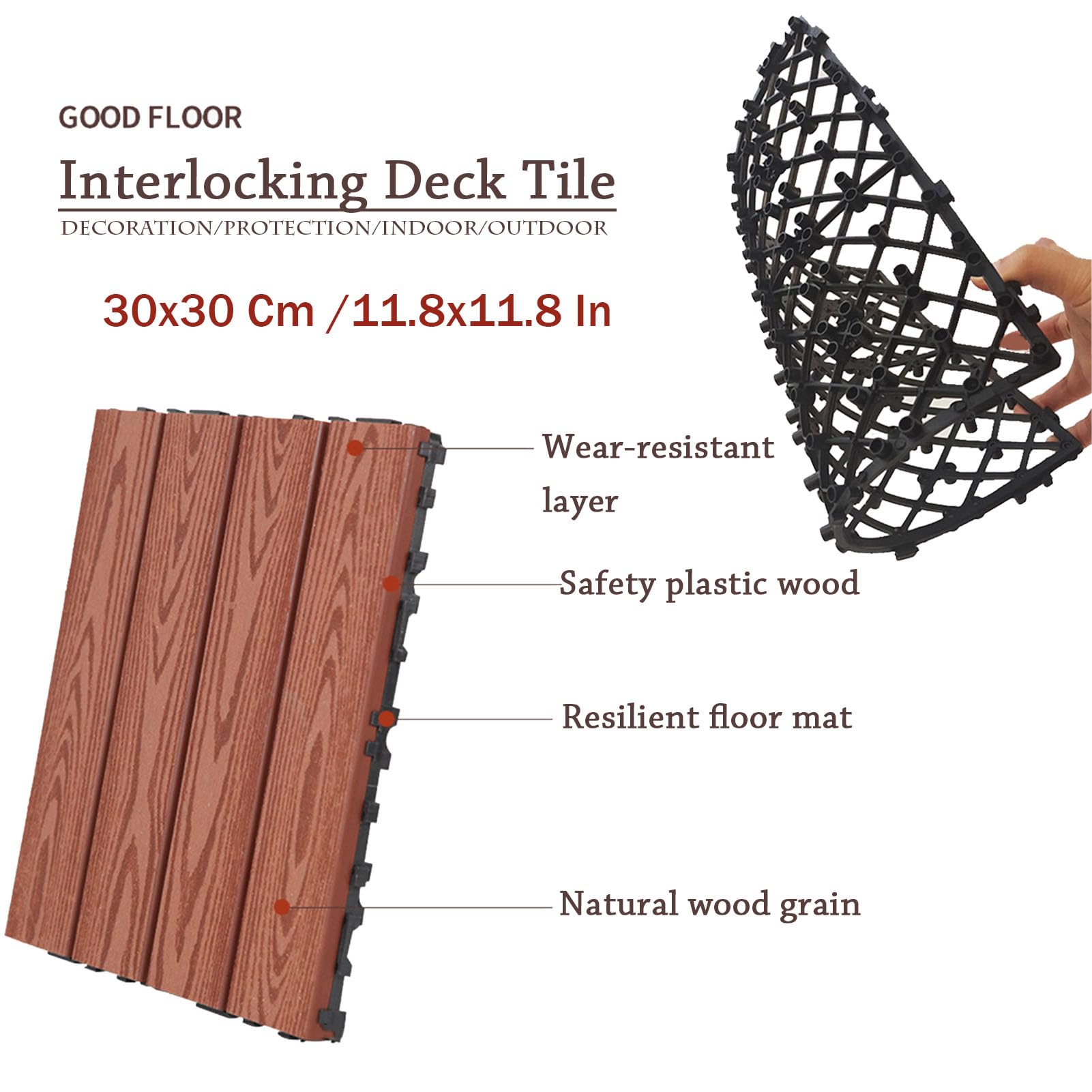 Piastrelle ad incastro in legno-plastica per balcone esterno, design a scatto con motivo in rilievo per una facile installazione