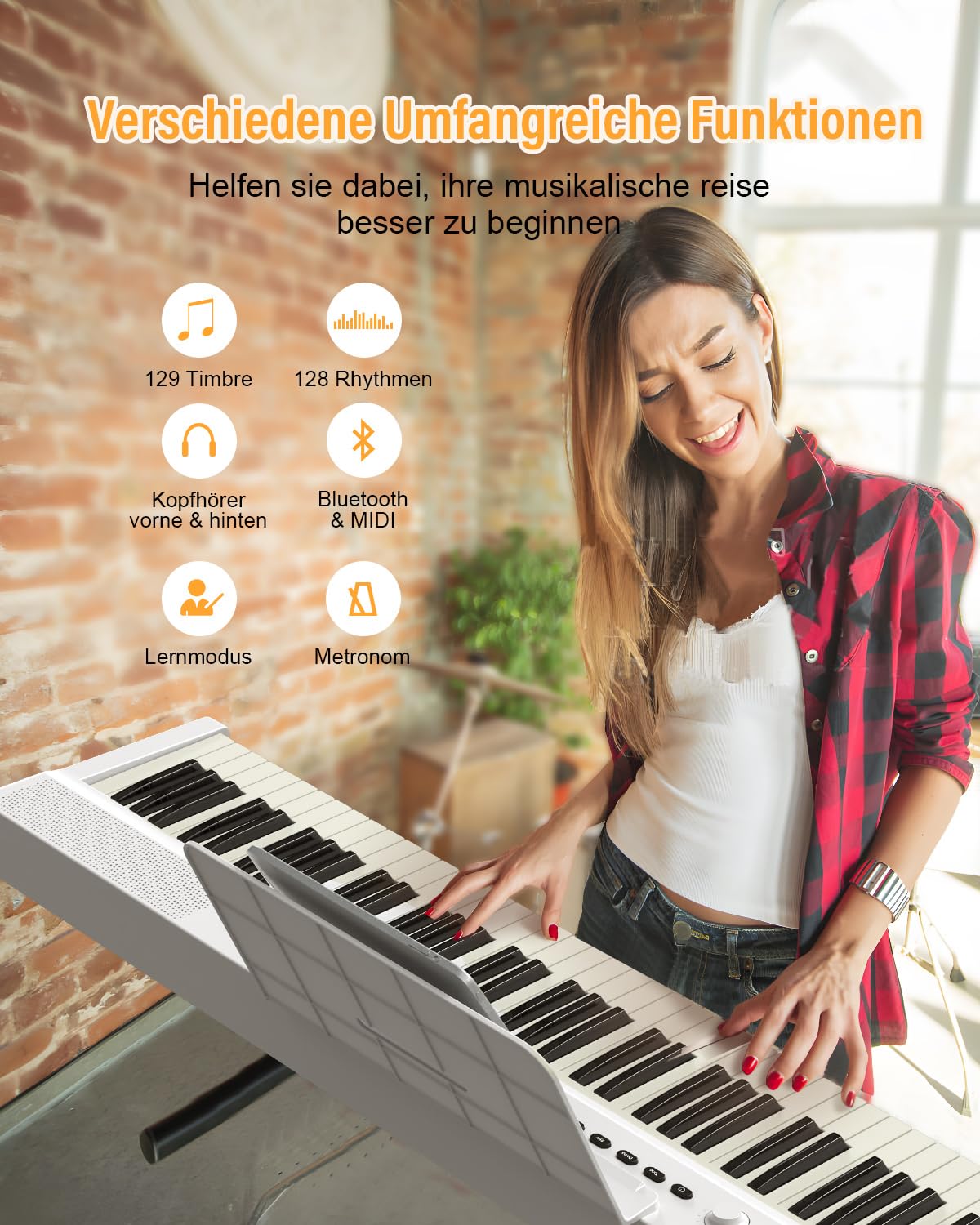 Pianoforte pieghevole migliorato, tastiera semi-ponderata a grandezza naturale, supporta MIDI, tastiera portatile pieghevole con cavo dati, adatta per regali (bianco)