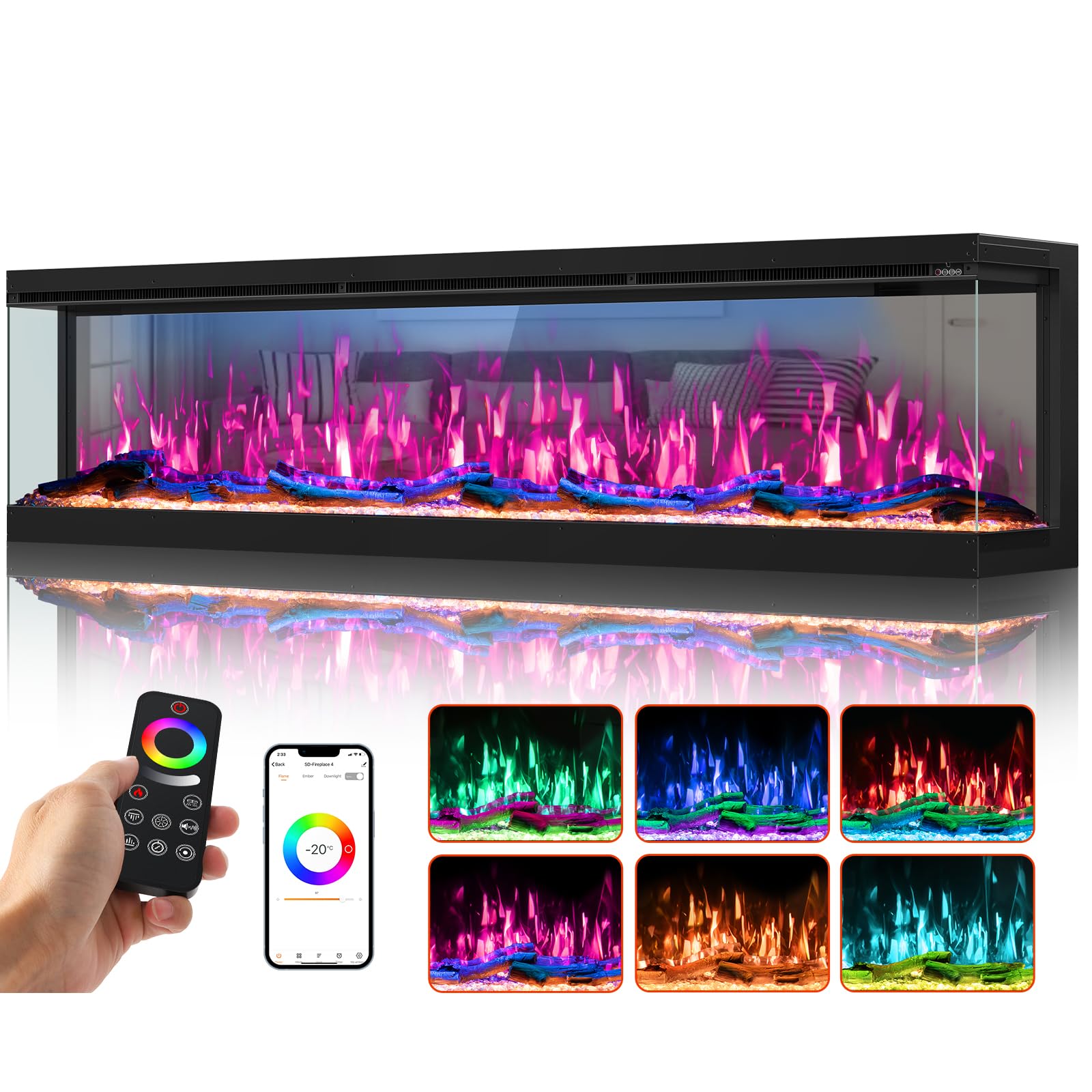 OSEYM 80 inch 3 Sided 3D Mirrored Electric Fireplace Insert, Smart WiFi Mount/Built-in Linear Fire Place Heater with 251RGB LED Flames, APP & Remote Control, 1500/750W, Cracking Sound & Timer
