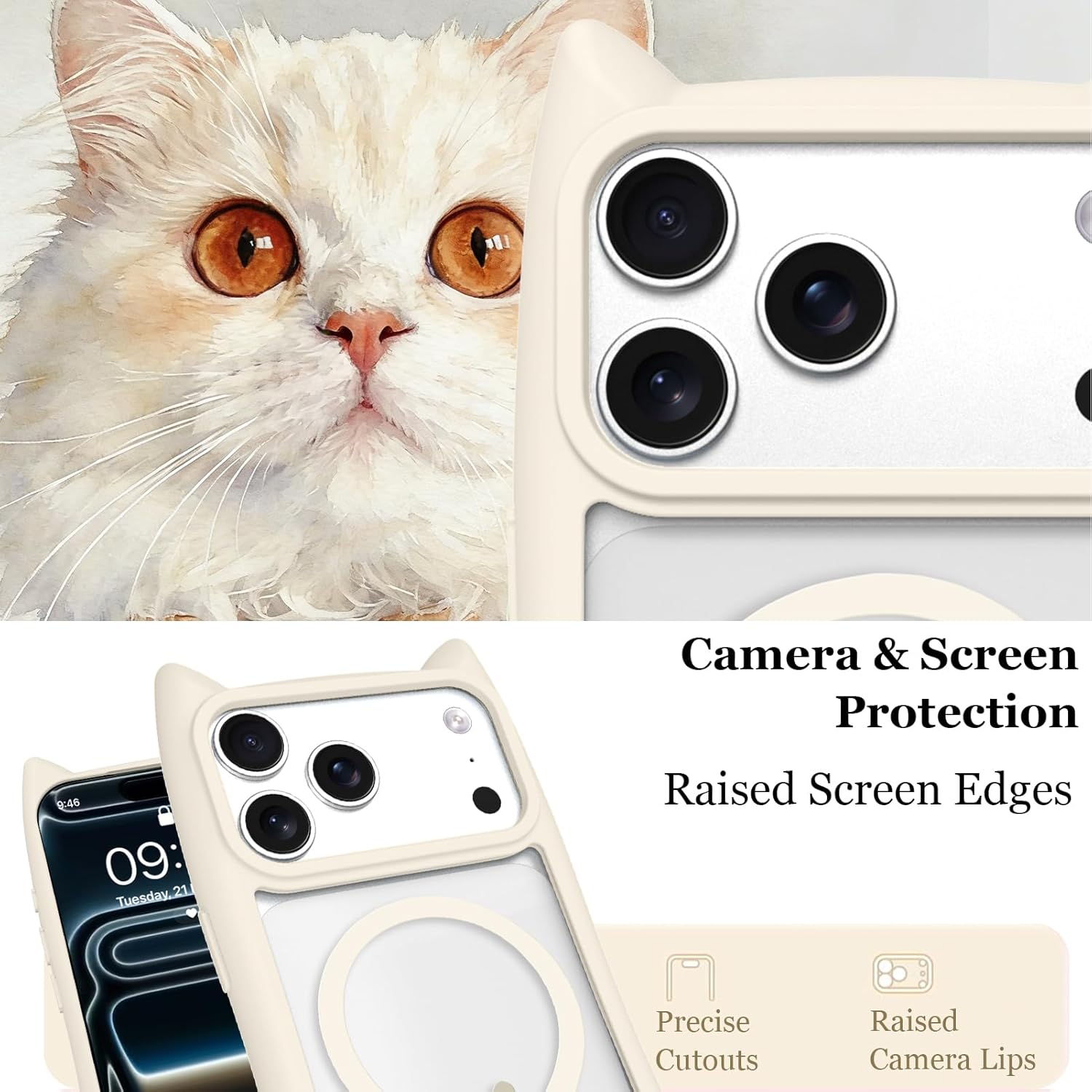 Cute Cat Case for iPhone 17 Pro, Compatible with MagSafe, 3D Cat Ear Design with Tail, Soft Bumper and Hard PC Back, Anti-Scratch Shockproof Animal Phone Cover for Women Girls, White