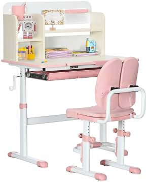 HOMCOM Juego de Escritorio y Silla para Niños de +3 Años Pupitre Infantil Altura Ajustable con 1 Cajón 1 Estante para Libros y Tablero de Mesa Inclinable 80x52x88-109 cm Rosa y Blanco