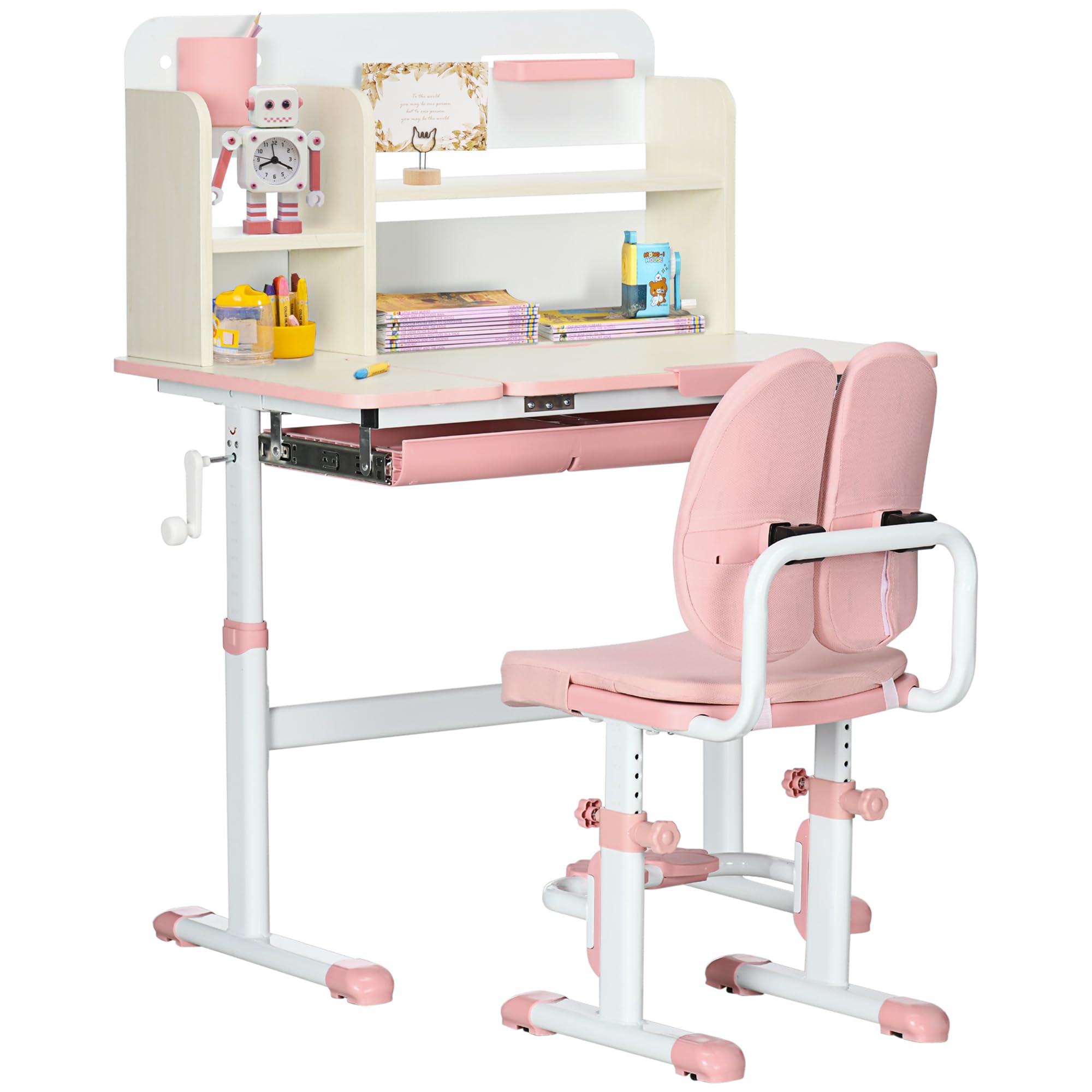 HOMCOM Juego de Escritorio y Silla para Niños de +3 Años Pupitre Infantil Altura Ajustable con 1 Cajón 1 Estante para Libros y Tablero de Mesa Inclinable 80x52x88-109 cm Rosa y Blanco