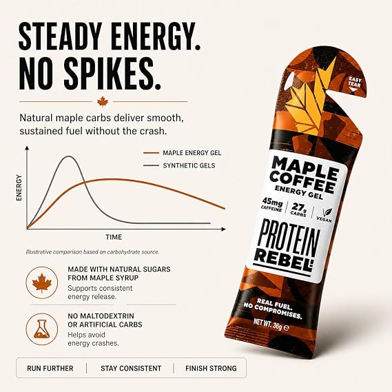 Maple Coffee 100% Natural Caffeine Energy Gels for Running, Cycling & Endurance - Easy to Digest Running Gels - 27g Carbs, 45mg Caffeine, Electrolytes (24 Pack) by Protein Rebel