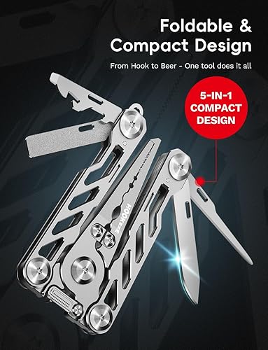 Miniatura 5 de HOOK-EZE Alicates de pesca plegables, multiherramienta 5 en 1 resistente al agua salada con cortadores de línea de tungsteno, removedor de ganchos,