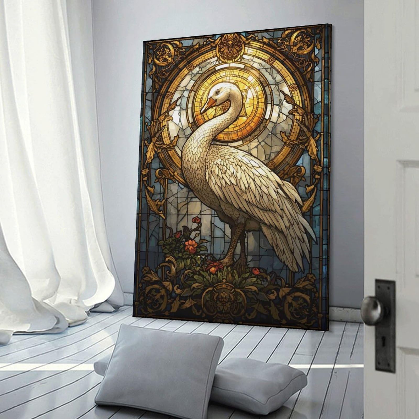 Junmoney Frame-Style-17 Goose Stained Glass Canvas Wall Picture, 12X18inch(30X45cm), For Study, Office Or Focused Interiors, Home Office Artwork With Decorative Appeal
