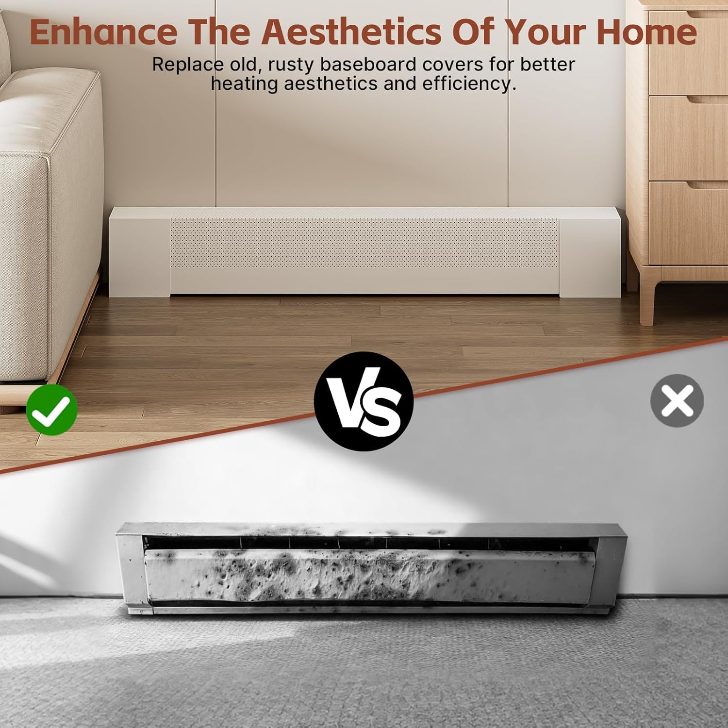 Baseboard Heater Cover, 3FT to 6FT Retractable Galvanized Steel Baseboard Heater Cover with Left and Right Endcaps, for Bathroom and Hydronic Home Heating, Replacing Old and Rusty Looking Electric