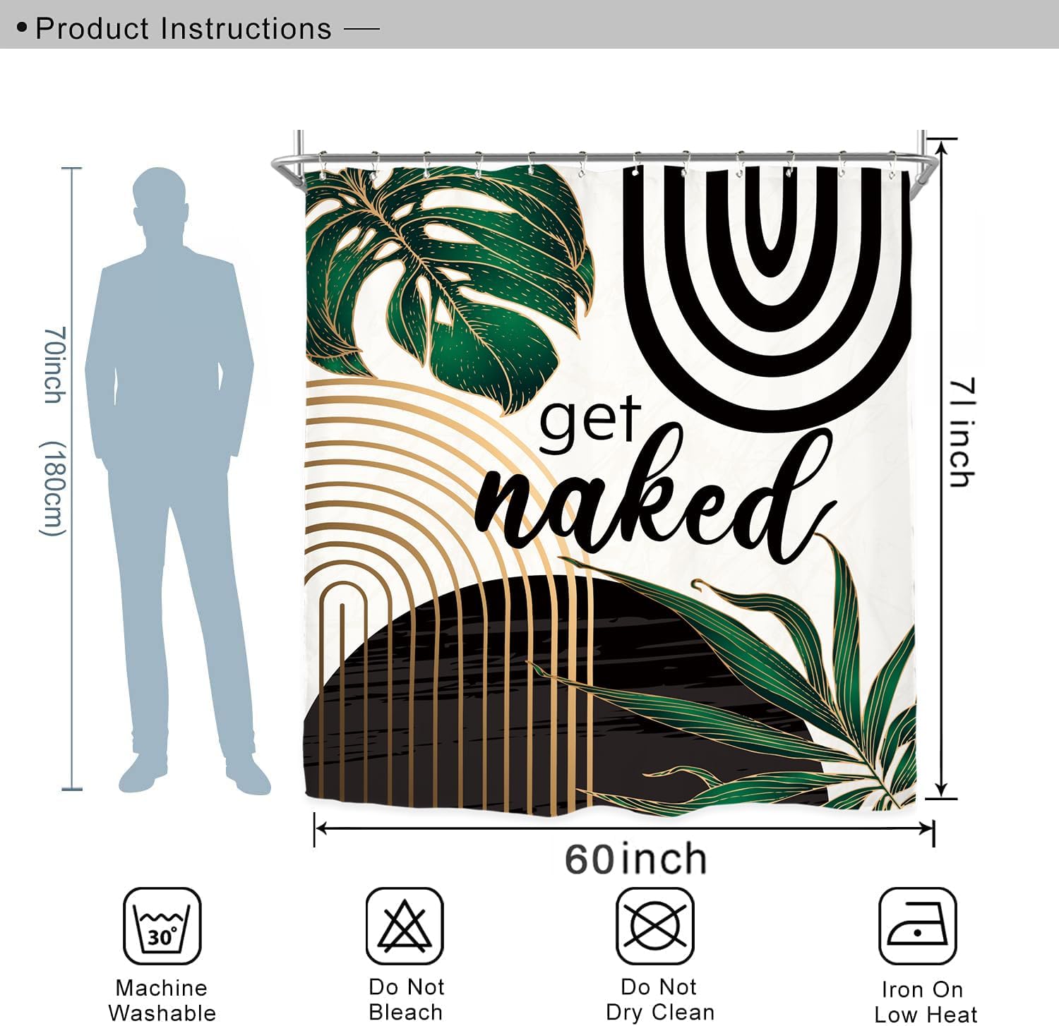 Miyotaa Emerald Green Abstract Shower Curtain Set 60Wx71H Inches Get Naked Minimalist Aesthetic Modern Contemporary Plant Polyester Waterproof Cloth Bathroom Curtain with 12 Hooks