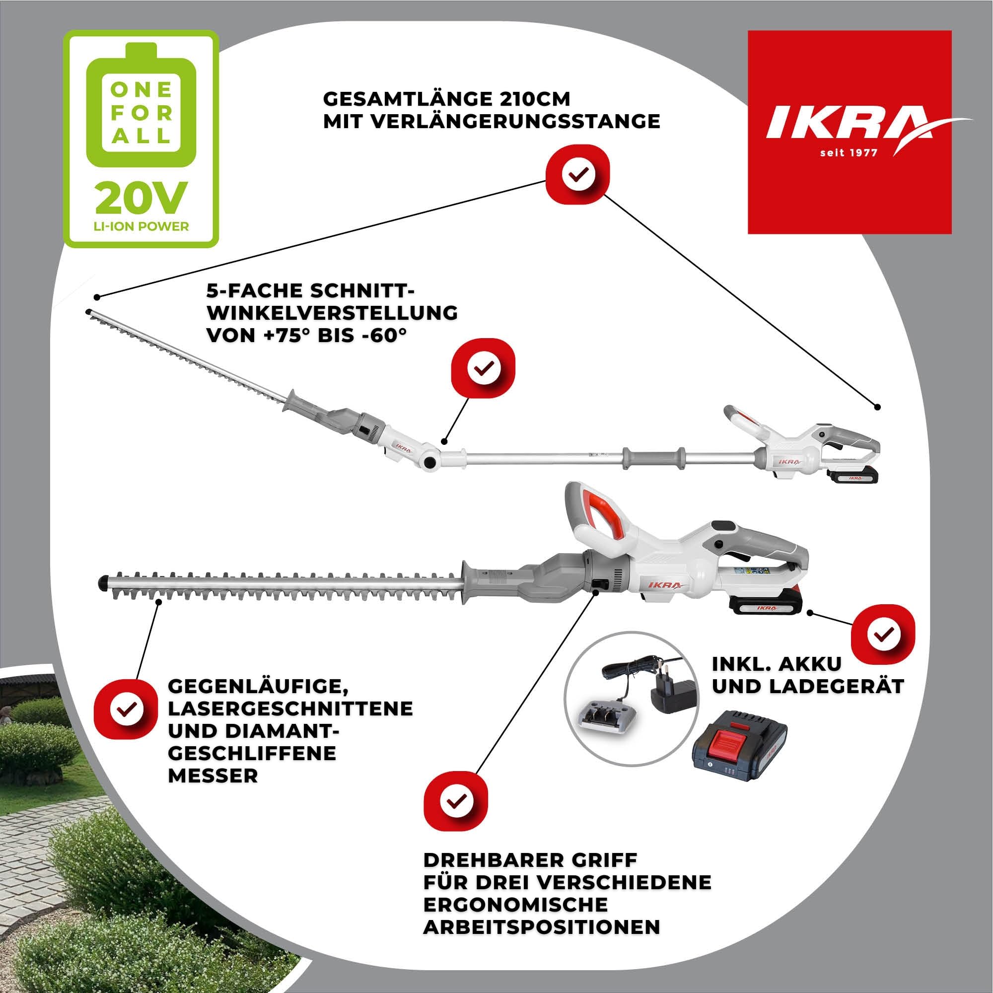 IKRA 2in1 Akku Heckenschere ICPH 2050 mit Teleskopstange für hohe Hecken | Inkl. Akku 20V 2Ah, Ladegerät & Schultergurt, 2 in 1: schneller Umbau zur Teleskop-Heckenschere, 20V-Akku-Familie von IKRA