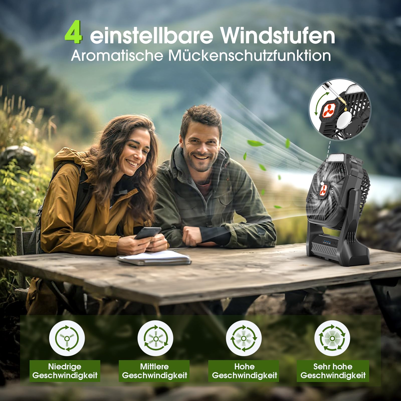 Batteriebetriebener Ventilator 20000mAh Kabellos, Wiederaufladbarer Tragbarer Ventilator mit LED-Laterne, USB-C-Akku Tischventilator, Campingventilator für Reisen Strand Green
