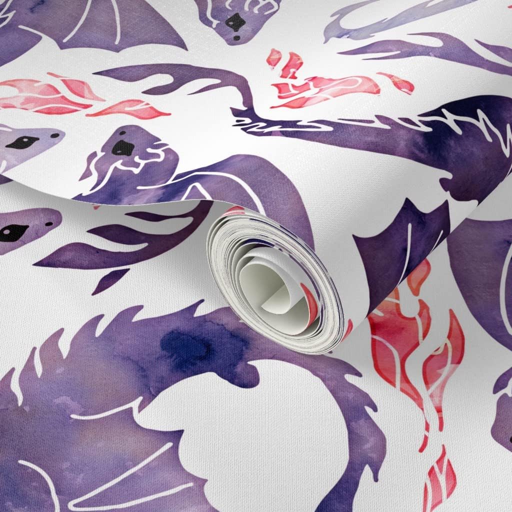 Spoonflower Peel & Stick Wallpaper 3ft x 2ft - Purple Plum Fire Fantasy Mauve Mythical Dragon Fairy Tale Custom Removable Wallpaper