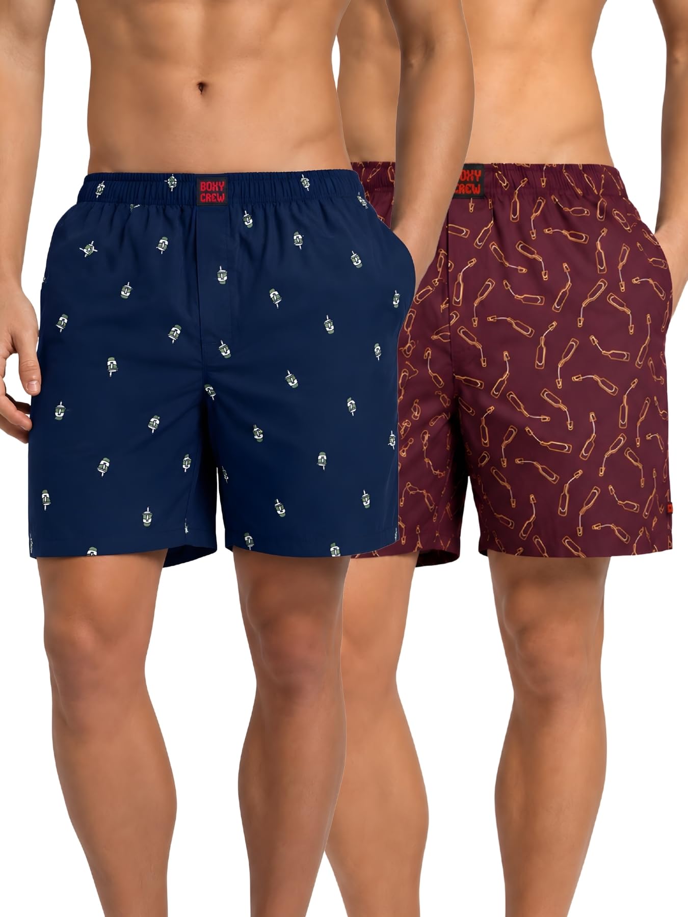 boxy crew Men Boxer Shorts Pack of 2, 100% Cotton Woven Boxers, Navy Blue & Maroon, Printed Designs, Dual Side Pockets, No-Marks Inner Elastic Waistband, Relaxed Fit Lounge & Sleep Shorts-picture-51