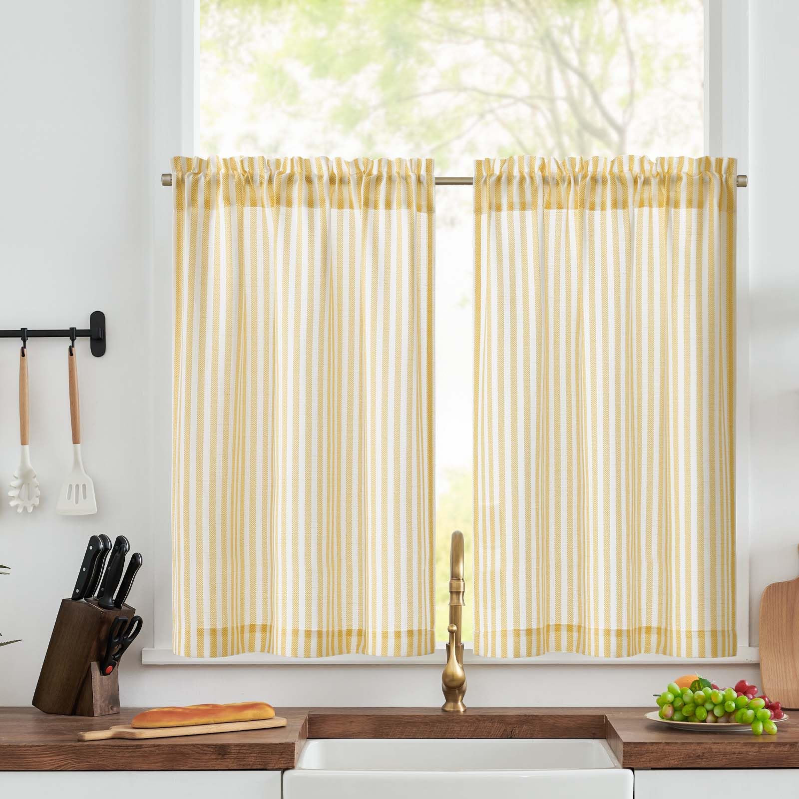 TOPICK Kitchen Curtains, Cafe Curtains, W26xL36, 2 Panels, Yellow Striped — image 1