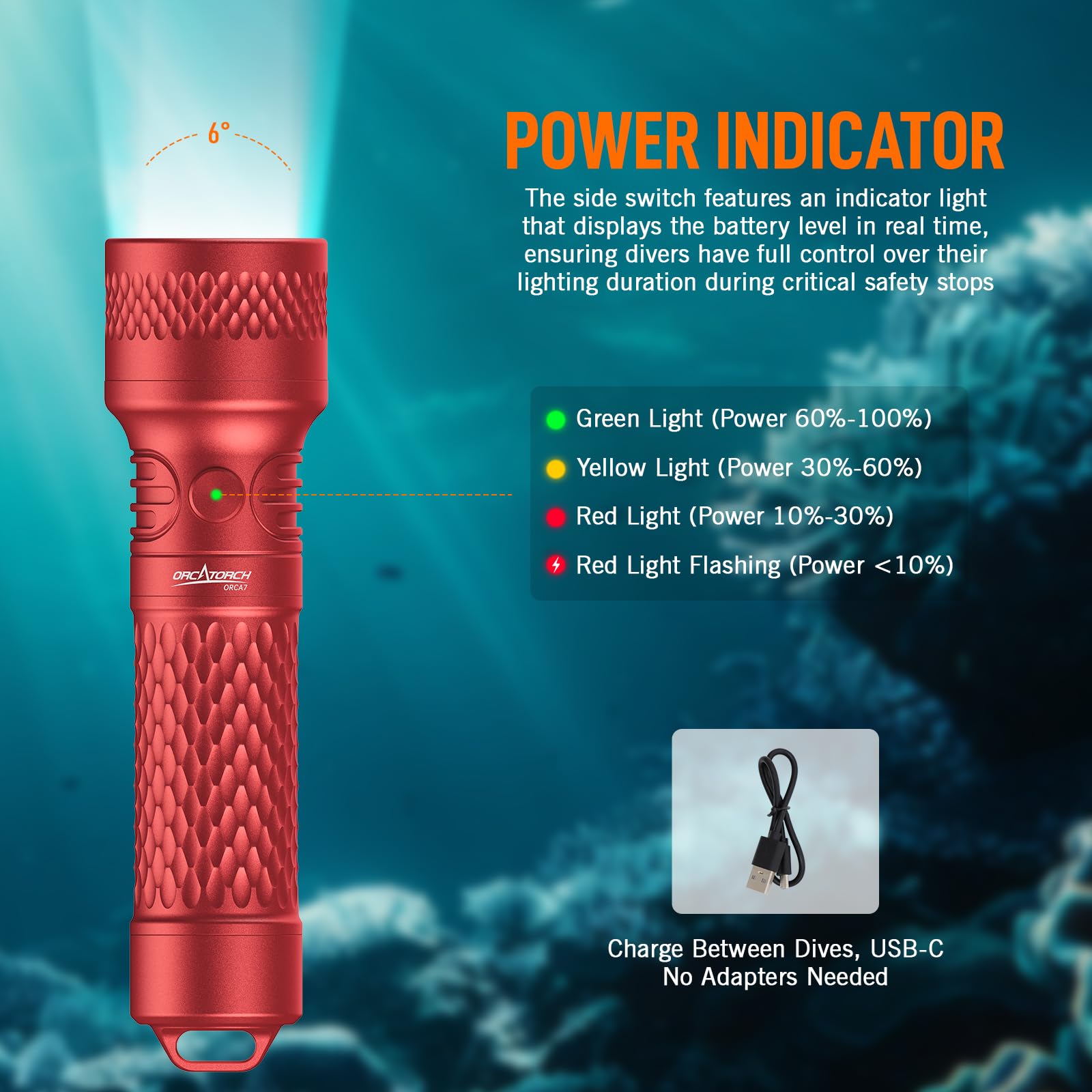 ORCATORCH ORCA7 Torcia Subacquea 3000 Lumen, Fascio da 6° Ntorcia Subacquea con SOS, Impermeabile IP68 Fino a 150 m per Immersioni Notturne, Esplorazioni di Grotte e Attrezzature Tecniche (Rosso) - 5