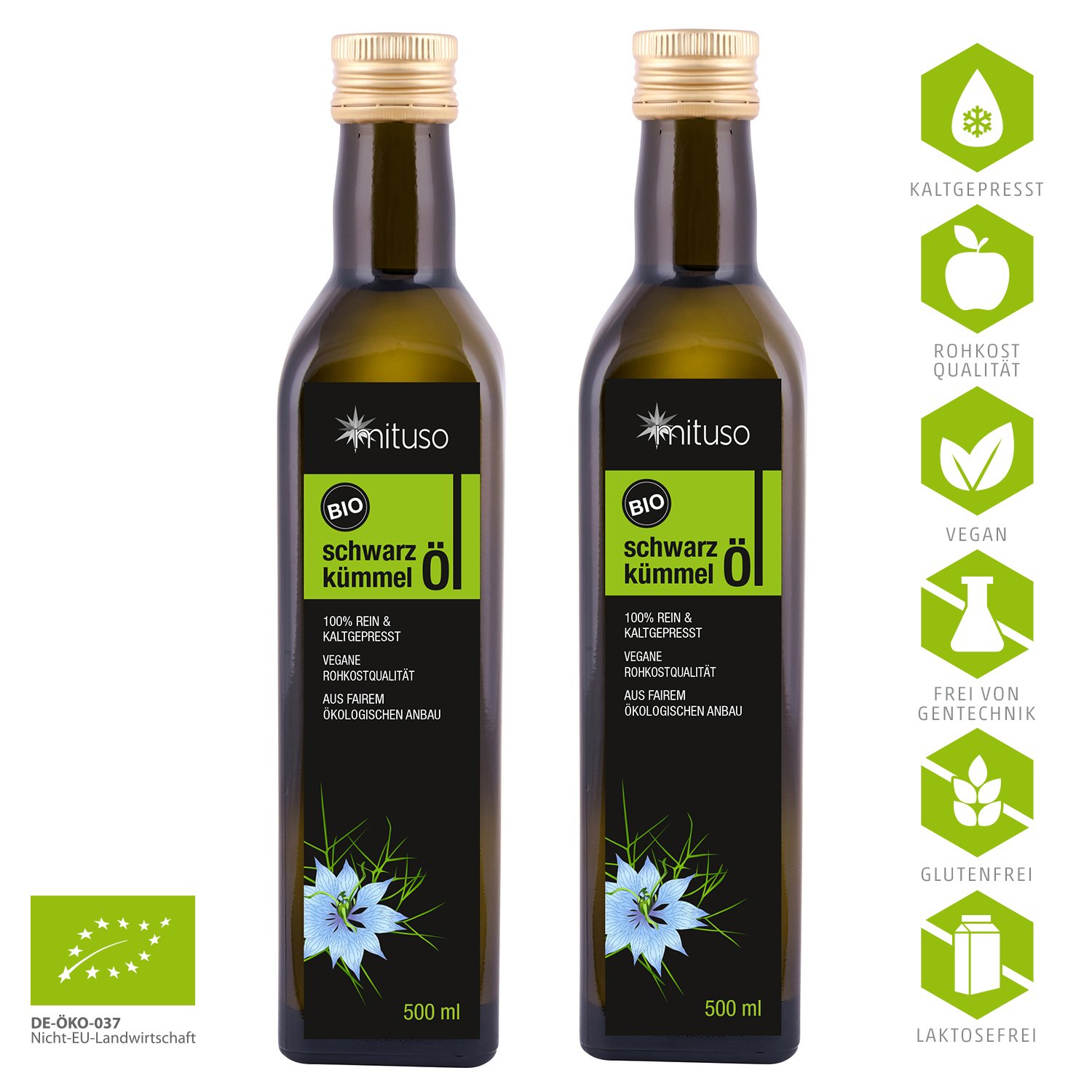 Mituso Paquet de 2 Huile de Cumin Noir Biologique, Pressée à Froid 500 ml
