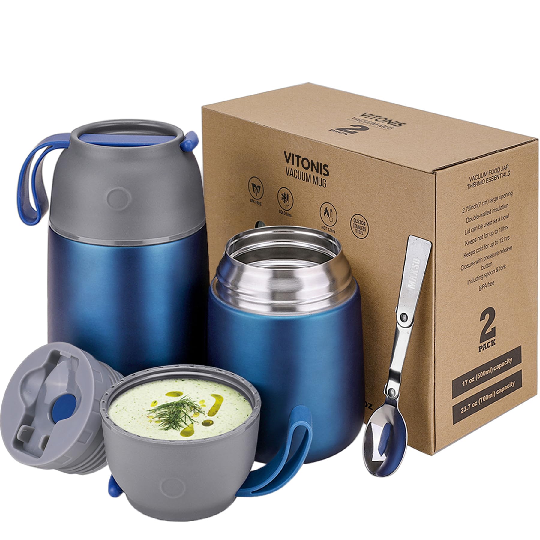 Recipiente térmico para alimentos, 500 ml y 700 ml, de acero inoxidable, con cuchara plegable, 2 recipientes aislantes, azul